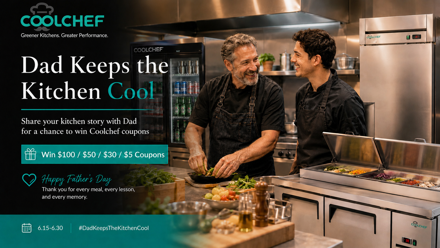 Father and son in a restaurant kitchen with Coolchef commercial refrigeration equipment for Father’s Day