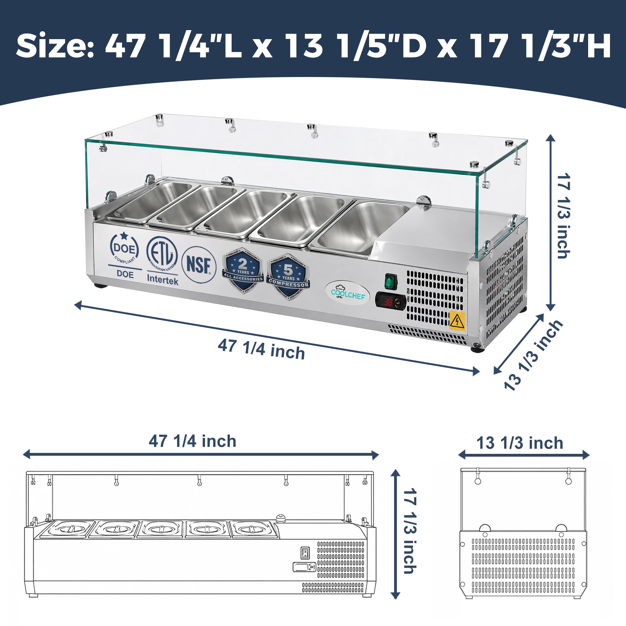 COOLCHEF 47" Refrigerated Condiment Prep Station, Countertop Topping Cooler, Includes 5 x 1/4 GN Pans, 35-50°F R290