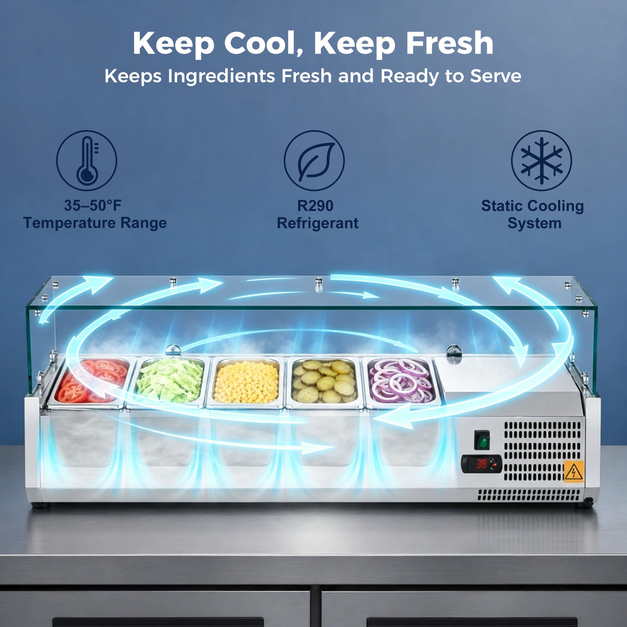 COOLCHEF 47" Refrigerated Condiment Prep Station, Countertop Topping Cooler, Includes 5 x 1/4 GN Pans, 35-50°F R290