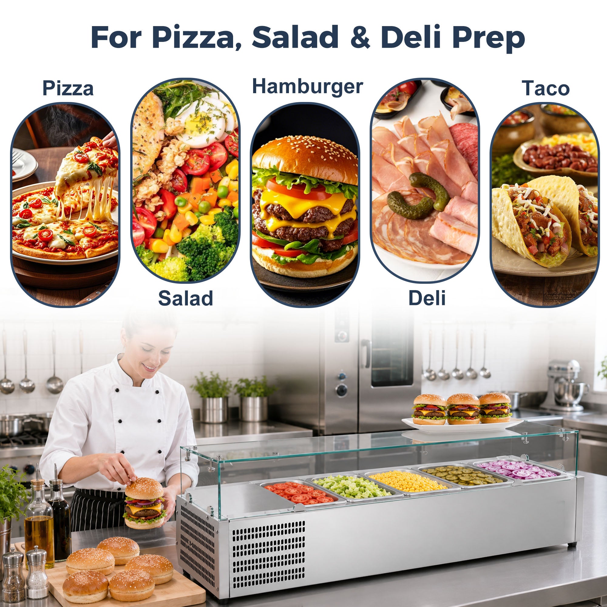 COOLCHEF 47" Refrigerated Condiment Prep Station, Countertop Topping Cooler, Includes 5 x 1/4 GN Pans, 35-50°F R290