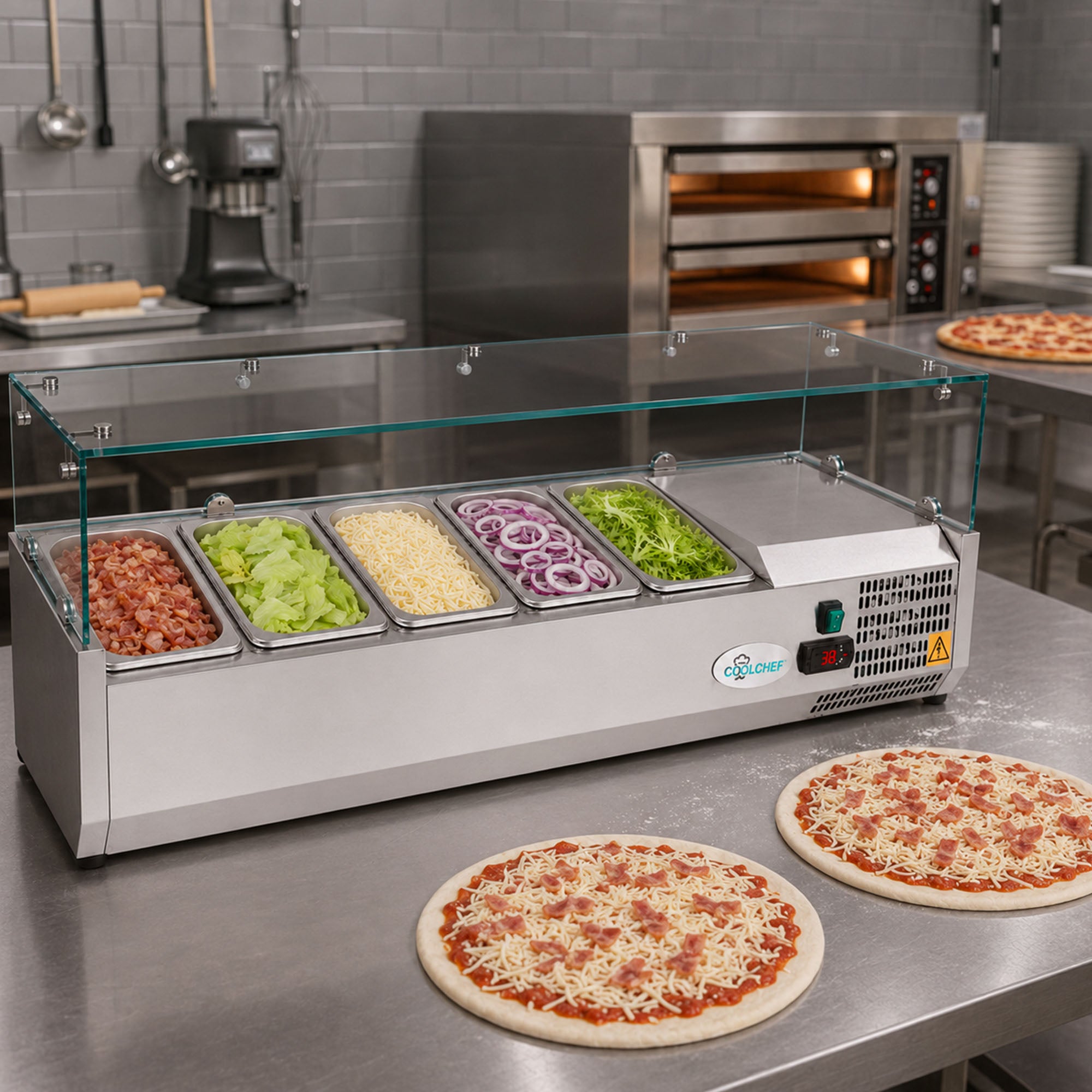 COOLCHEF 47" Refrigerated Condiment Prep Station, Countertop Topping Cooler, Includes 5 x 1/4 GN Pans, 35-50°F R290