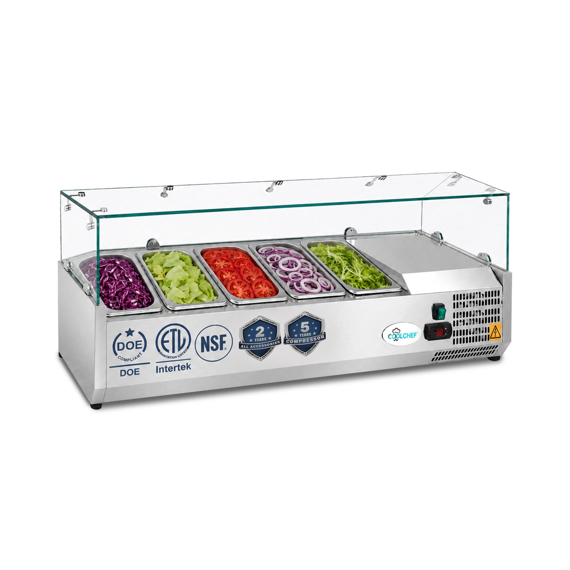 47-inch refrigerated ingredient rail with five food pans and glass sneeze guard