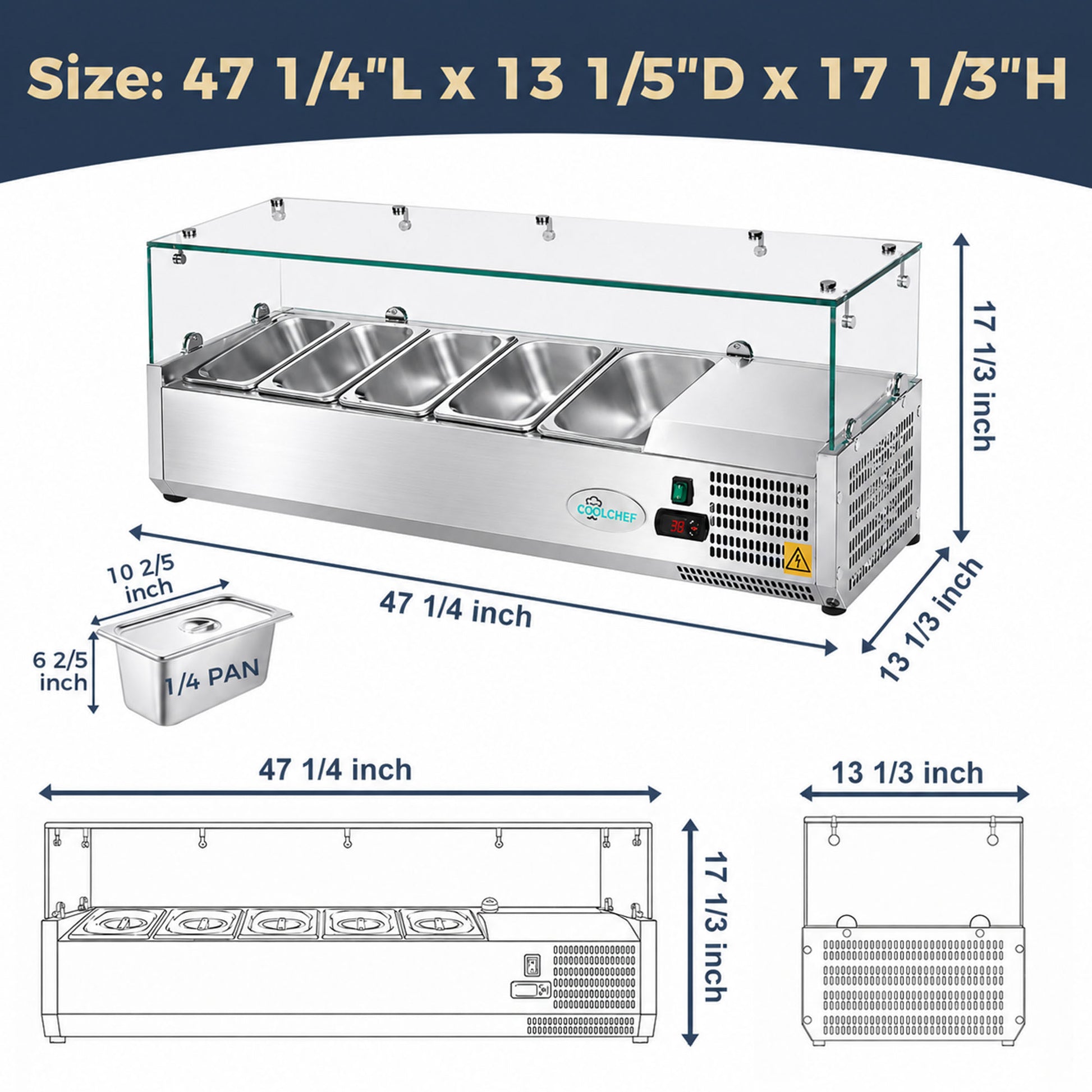 47-inch refrigerated prep rail dimensions, 47 1/4 L x 13 1/5 D x 17 1/3 H