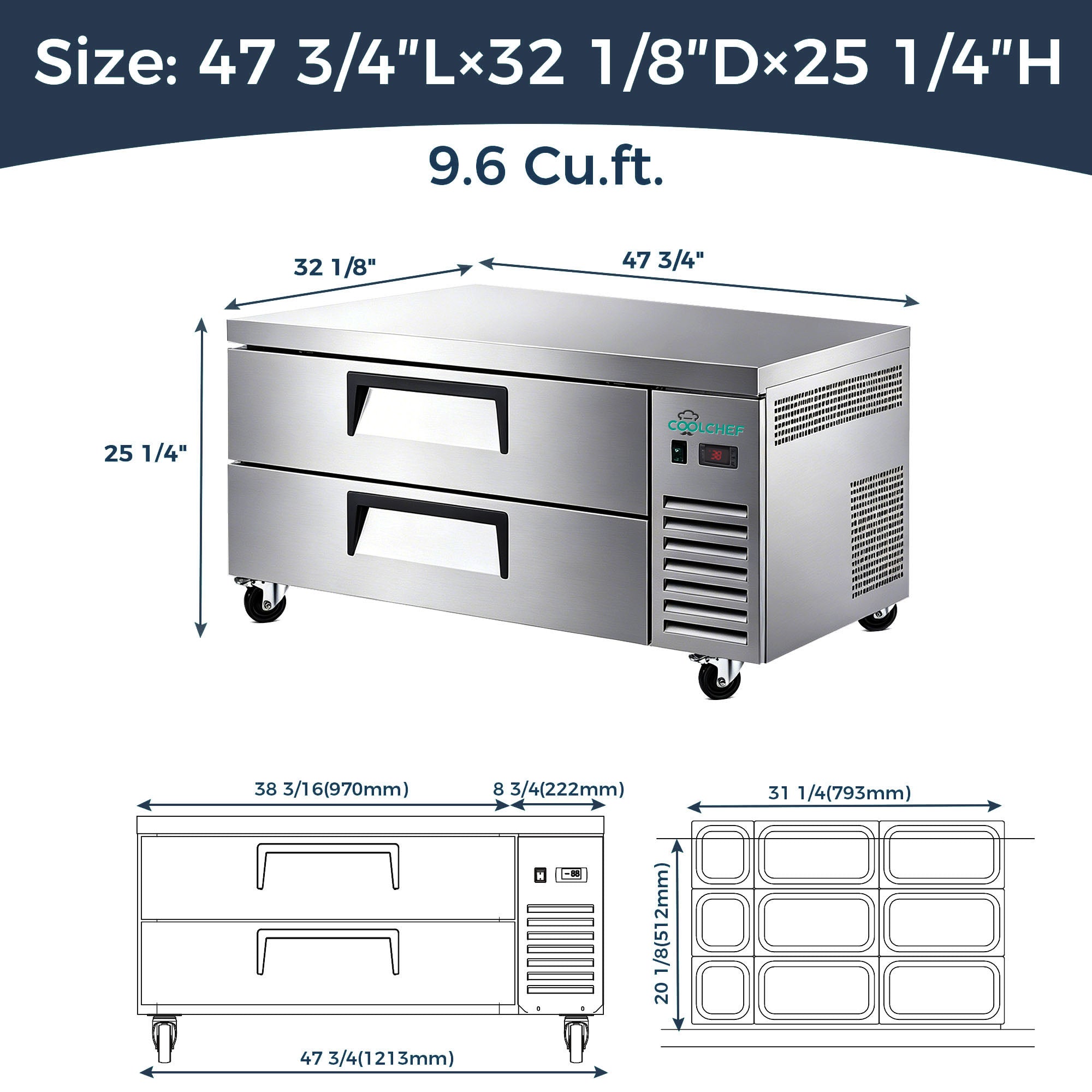 48" 2 Drawer Commercial Chef Base Refrigerator ETL