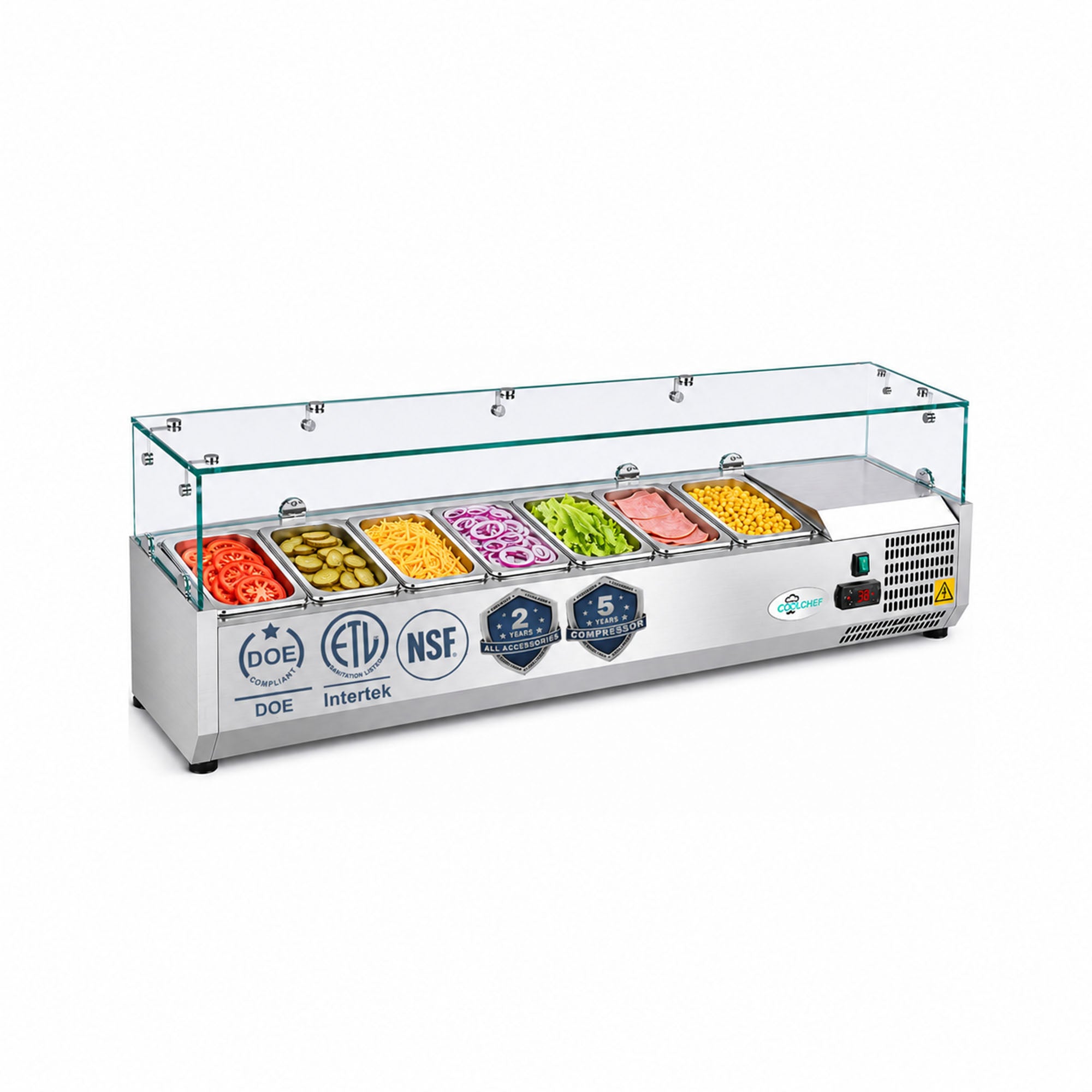 59" Commercial Refrigerated Prep Rail with Glass Guard, 1.7 Cu.Ft, 7 x 1/4 GN Pans, R290 ETL