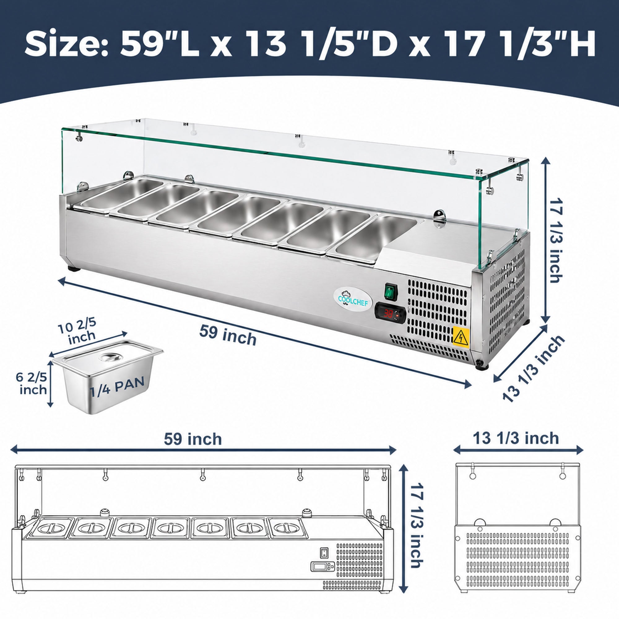 59" Commercial Refrigerated Prep Rail with Glass Guard, 1.7 Cu.Ft, 7 x 1/4 GN Pans, R290 ETL