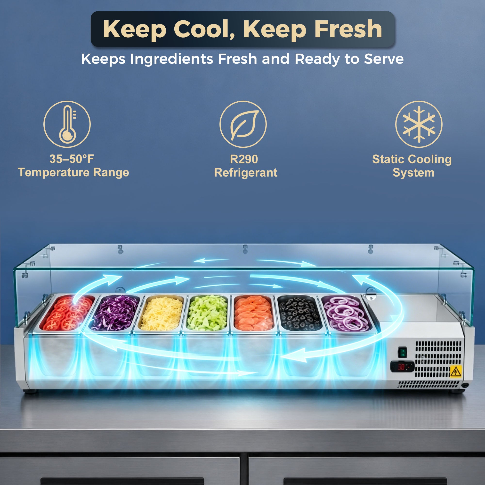 59" Commercial Refrigerated Prep Rail with Glass Guard, 1.7 Cu.Ft, 7 x 1/4 GN Pans, R290 ETL