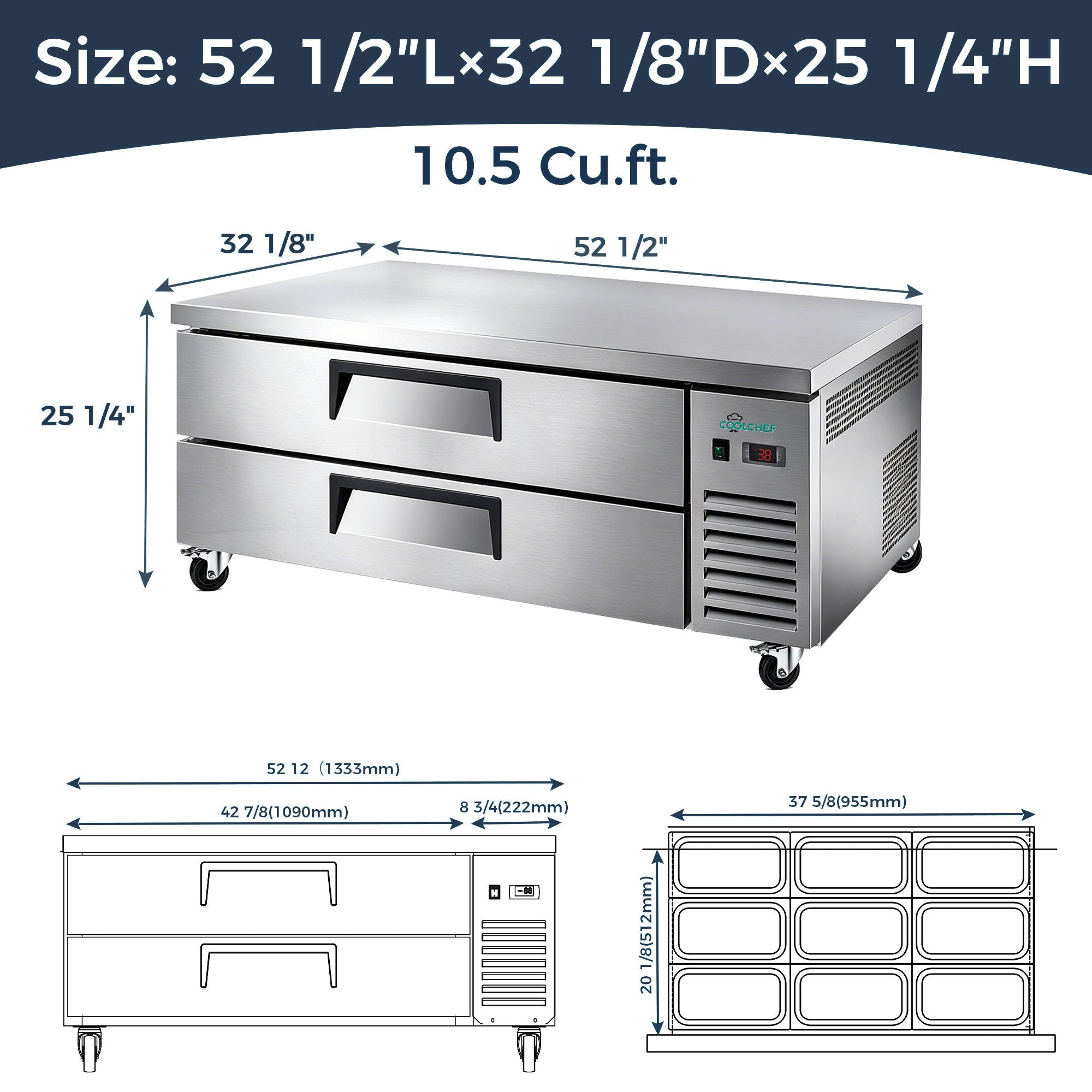 52" 2 Drawer Commercial Chef Base Refrigerator ETL