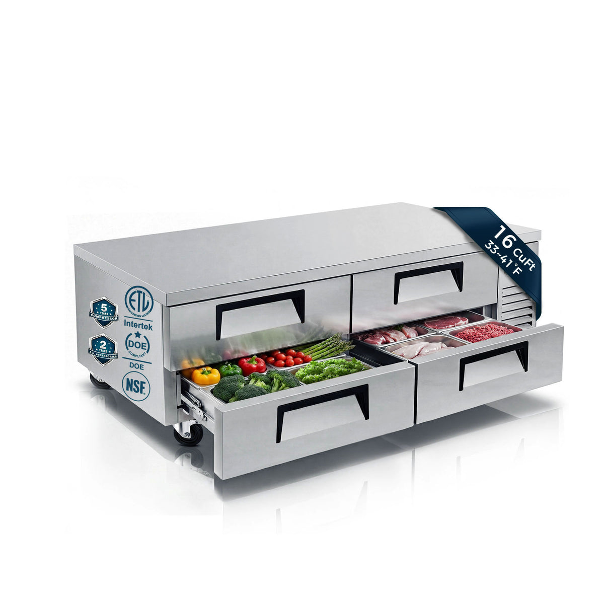 CoolChef 19.1 cu ft refrigerated chef base with four ingredient storage drawers
