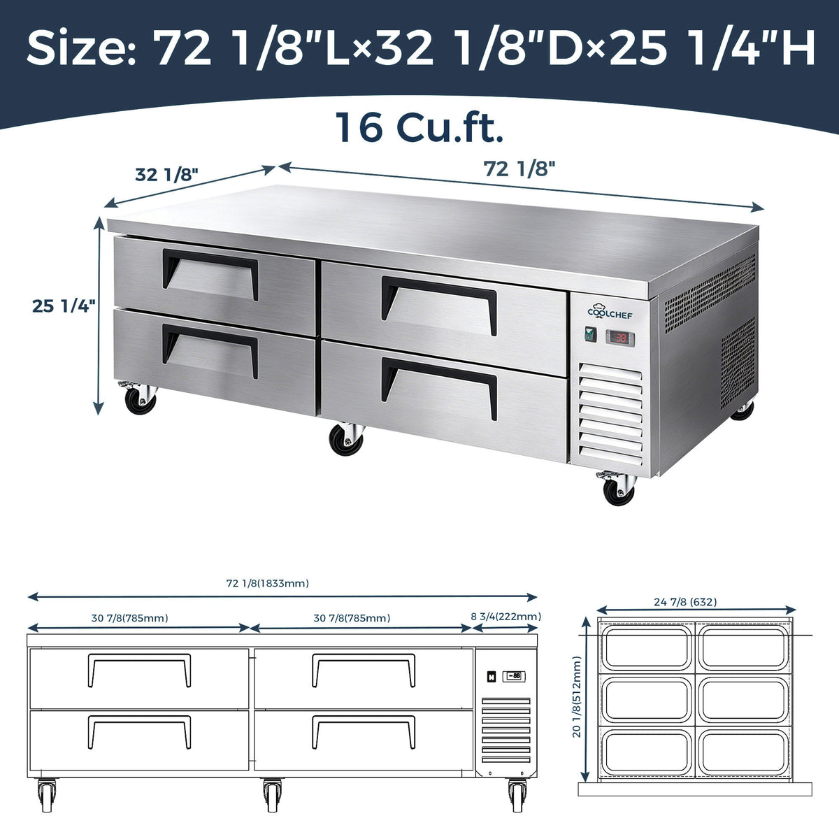 72" 4 Drawer Commercial Chef Base Refrigerator ETL
