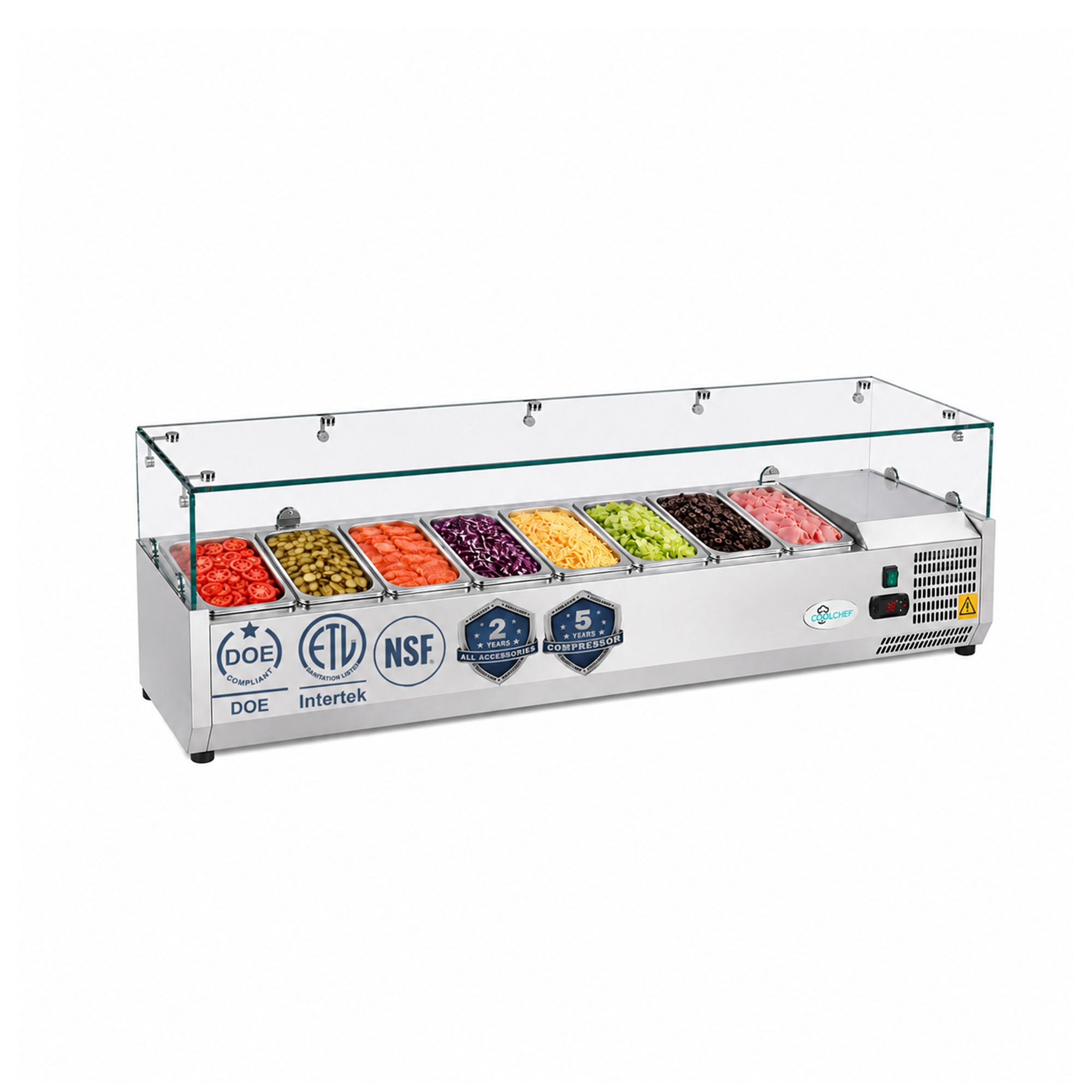 71” Commercial Refrigerated Prep Rail 2.1 Cu.Ft Sandwich Salad Condiment Station Glass Guard ETL