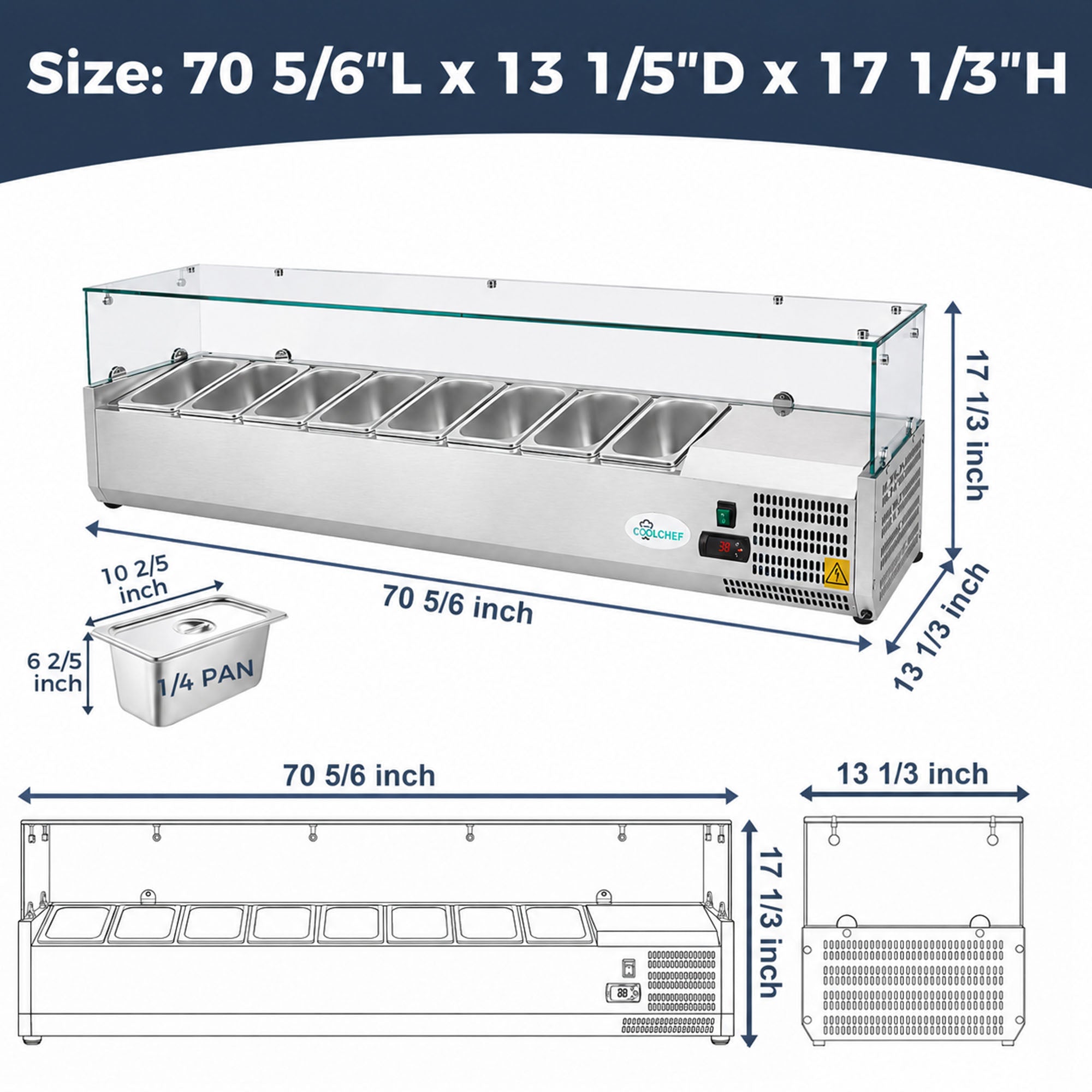 71” Commercial Refrigerated Prep Rail 2.1 Cu.Ft Sandwich Salad Condiment Station Glass Guard ETL