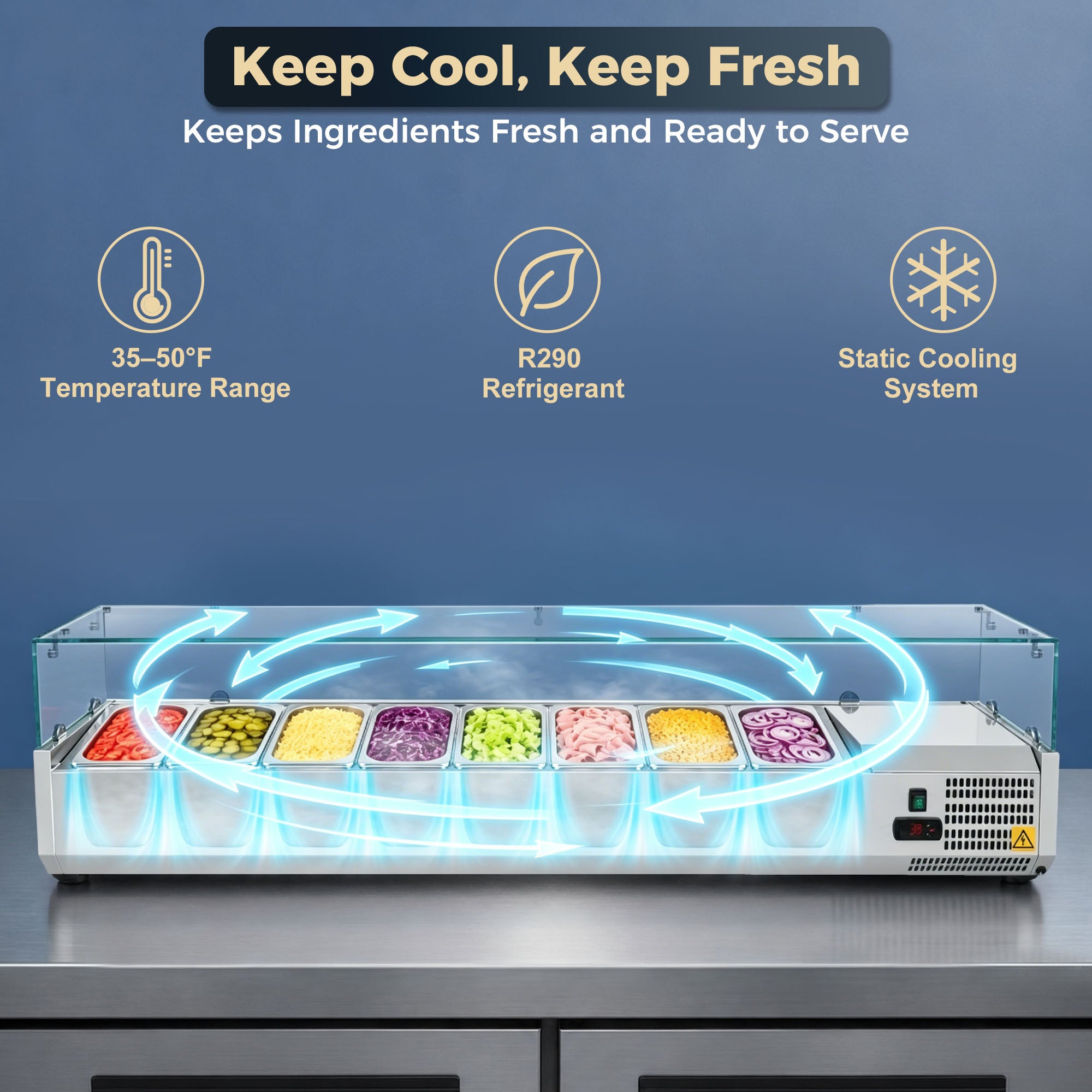 71” Commercial Refrigerated Prep Rail 2.1 Cu.Ft Sandwich Salad Condiment Station Glass Guard ETL