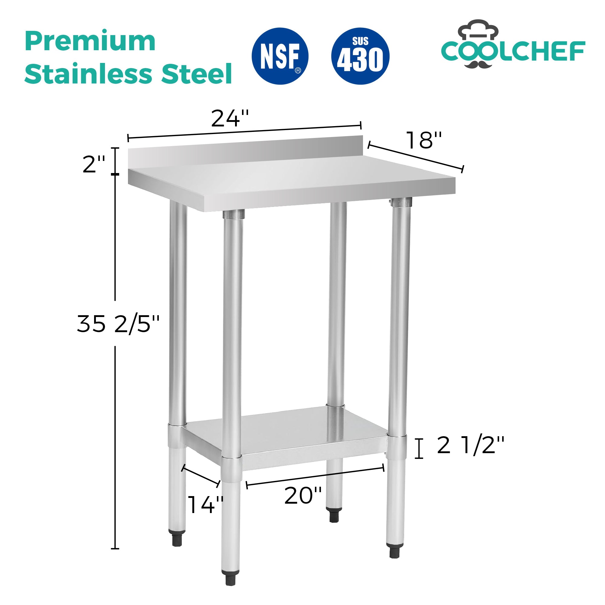 COOLCHEF 18-Gauge Stainless Steel Commercial Work Table with Backsplash