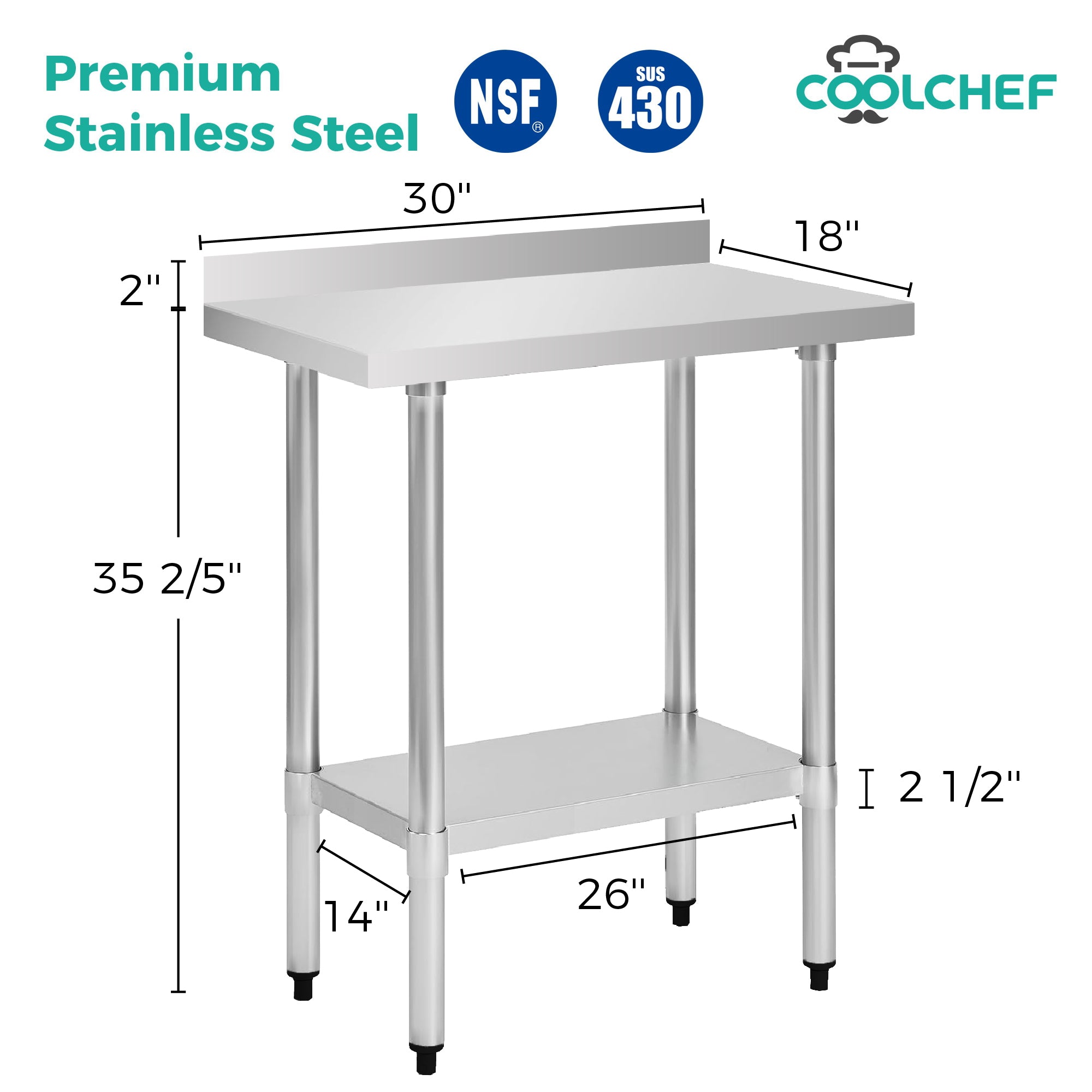 COOLCHEF 18-Gauge Stainless Steel Commercial Work Table with Backsplash