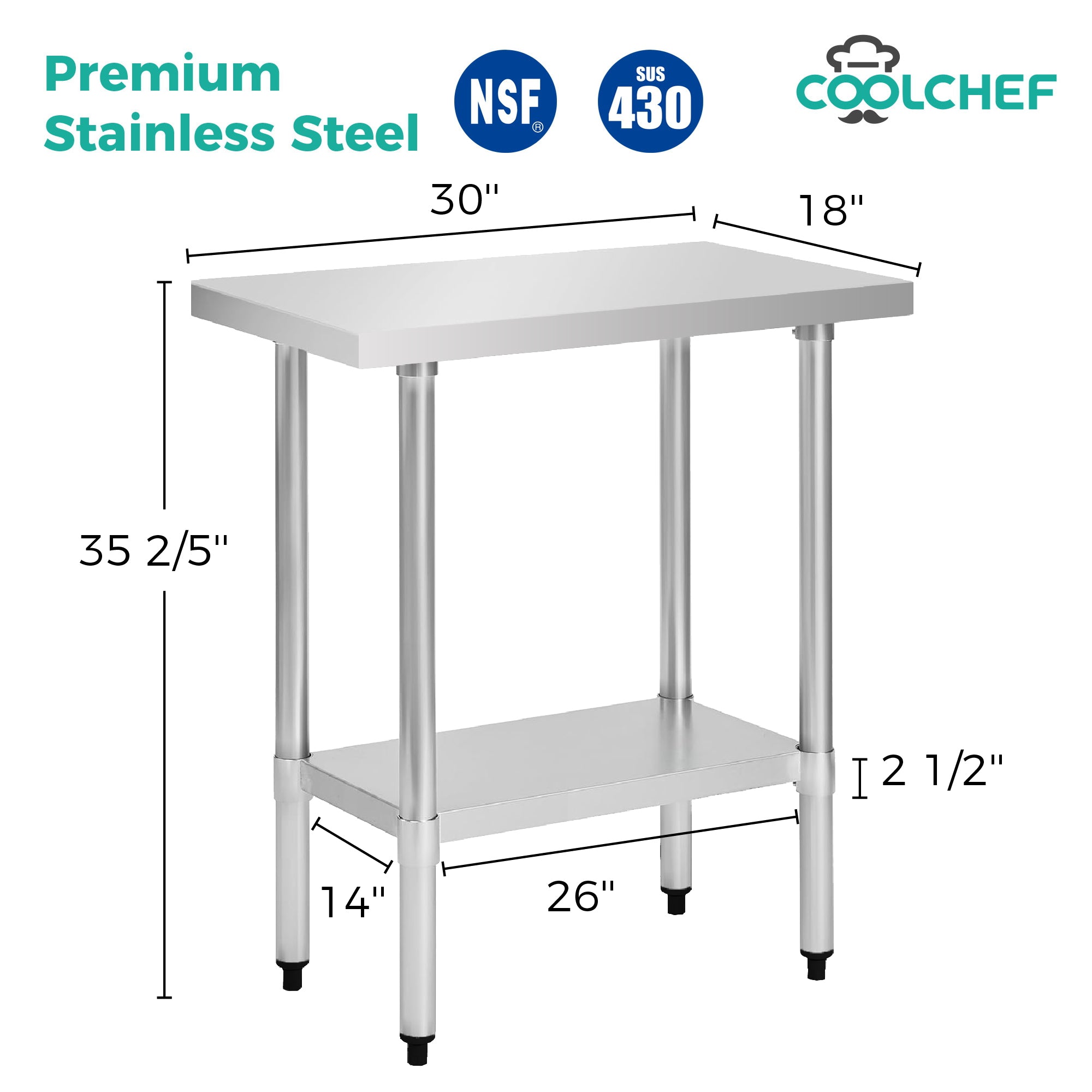 18" x 30" 18-Gauge Stainless Steel Commercial Work Table