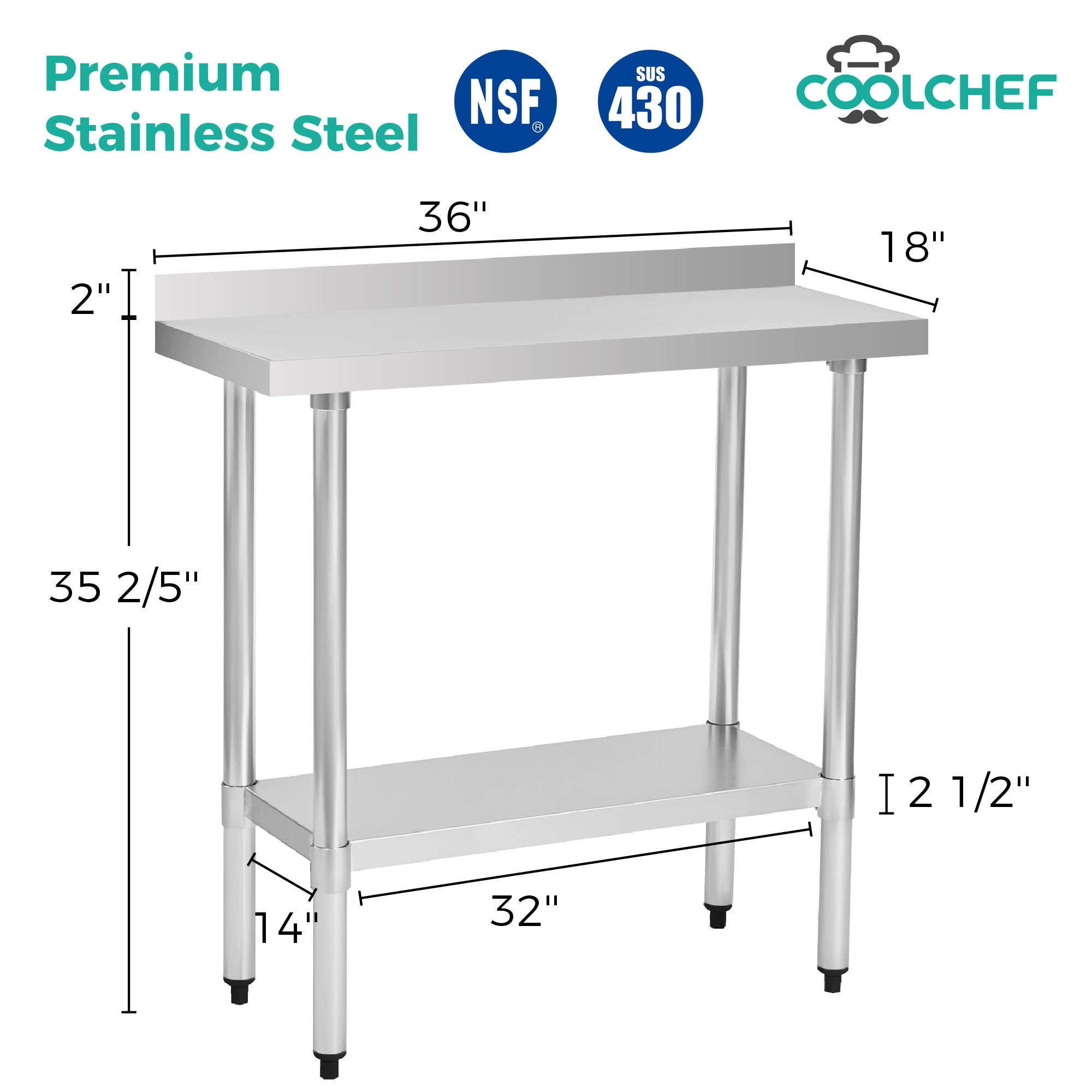 COOLCHEF 18-Gauge Stainless Steel Commercial Work Table with Backsplash