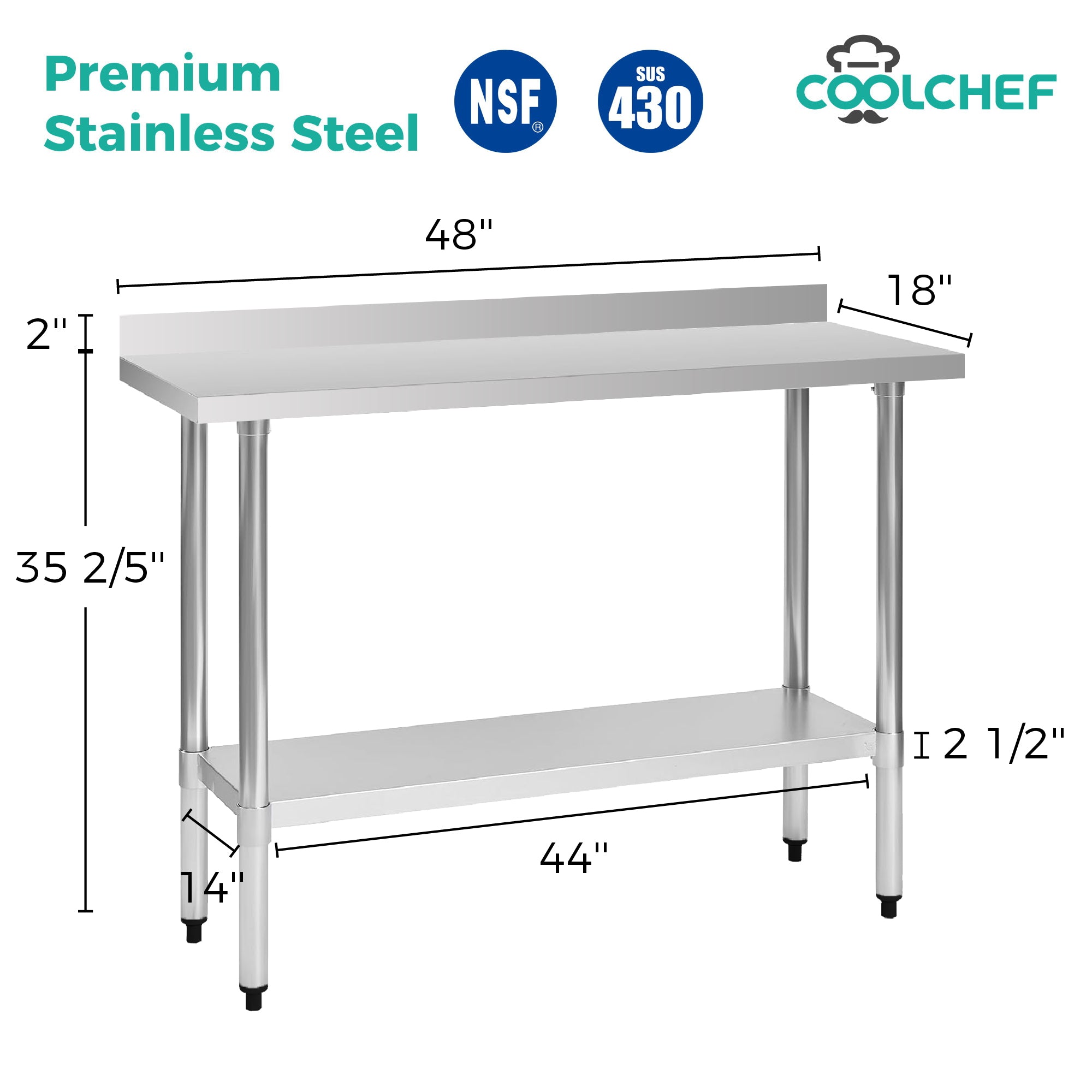 COOLCHEF 18-Gauge Stainless Steel Commercial Work Table with Backsplash