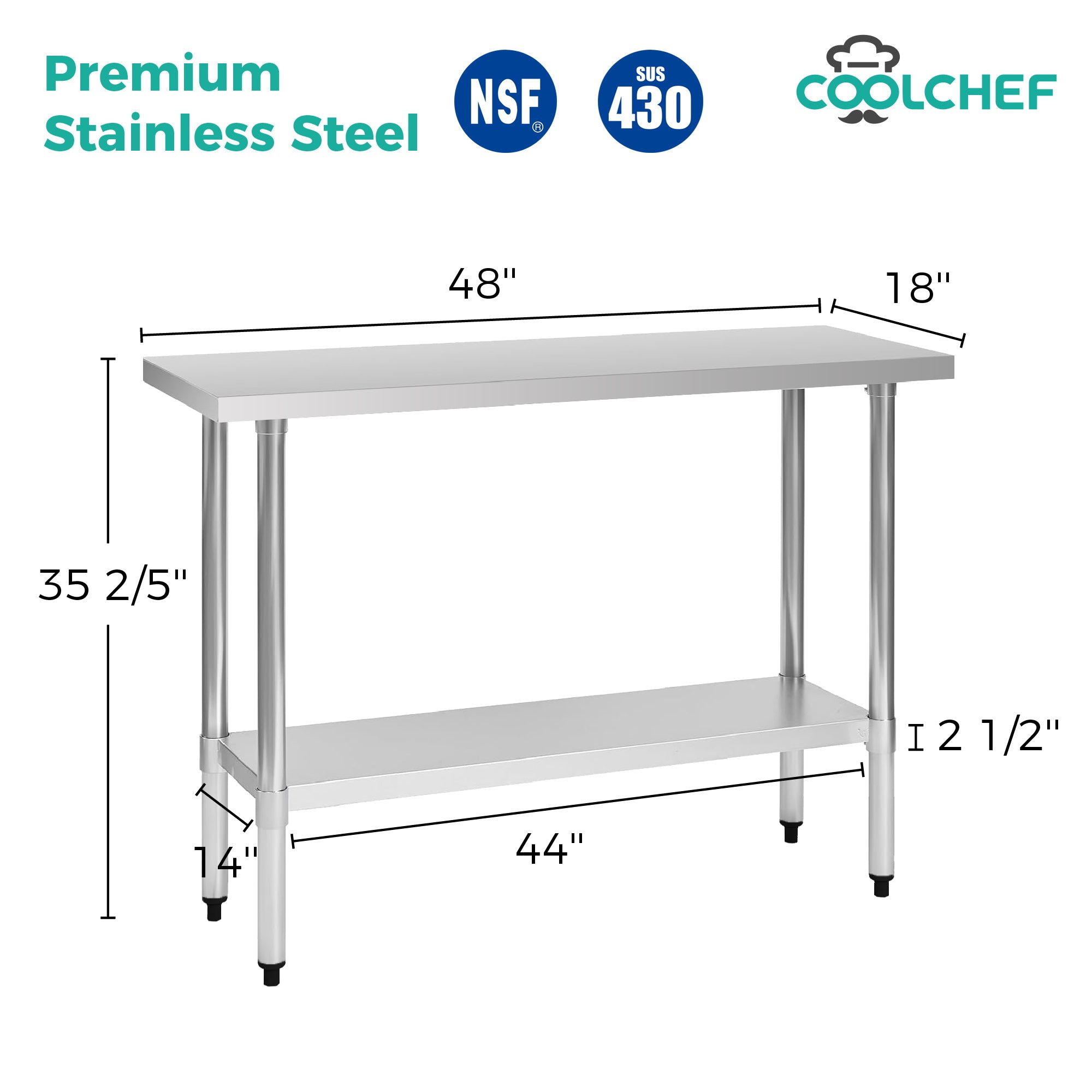 18" x 48" 18-Gauge Stainless Steel Commercial Work Table