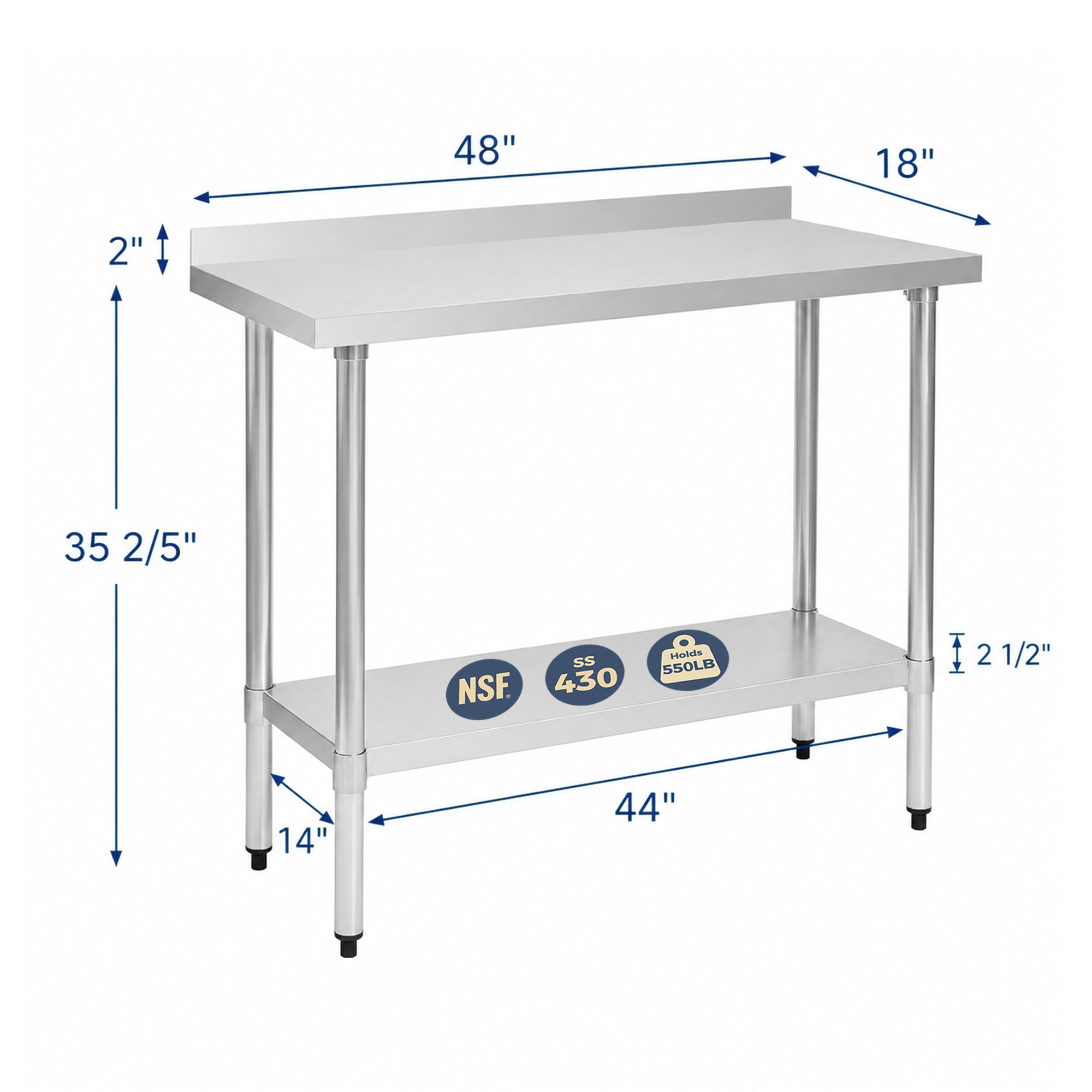 18" x 48" 18-Gauge Stainless Steel Commercial Work Table with 2" Backsplash and Undershelf