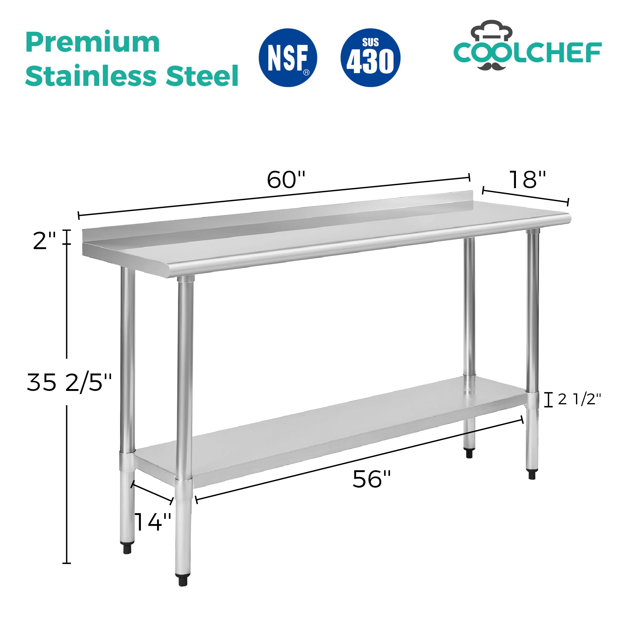 18" x 60" 18-Gauge Stainless Steel Commercial Work Table with 2" Backsplash and Undershelf