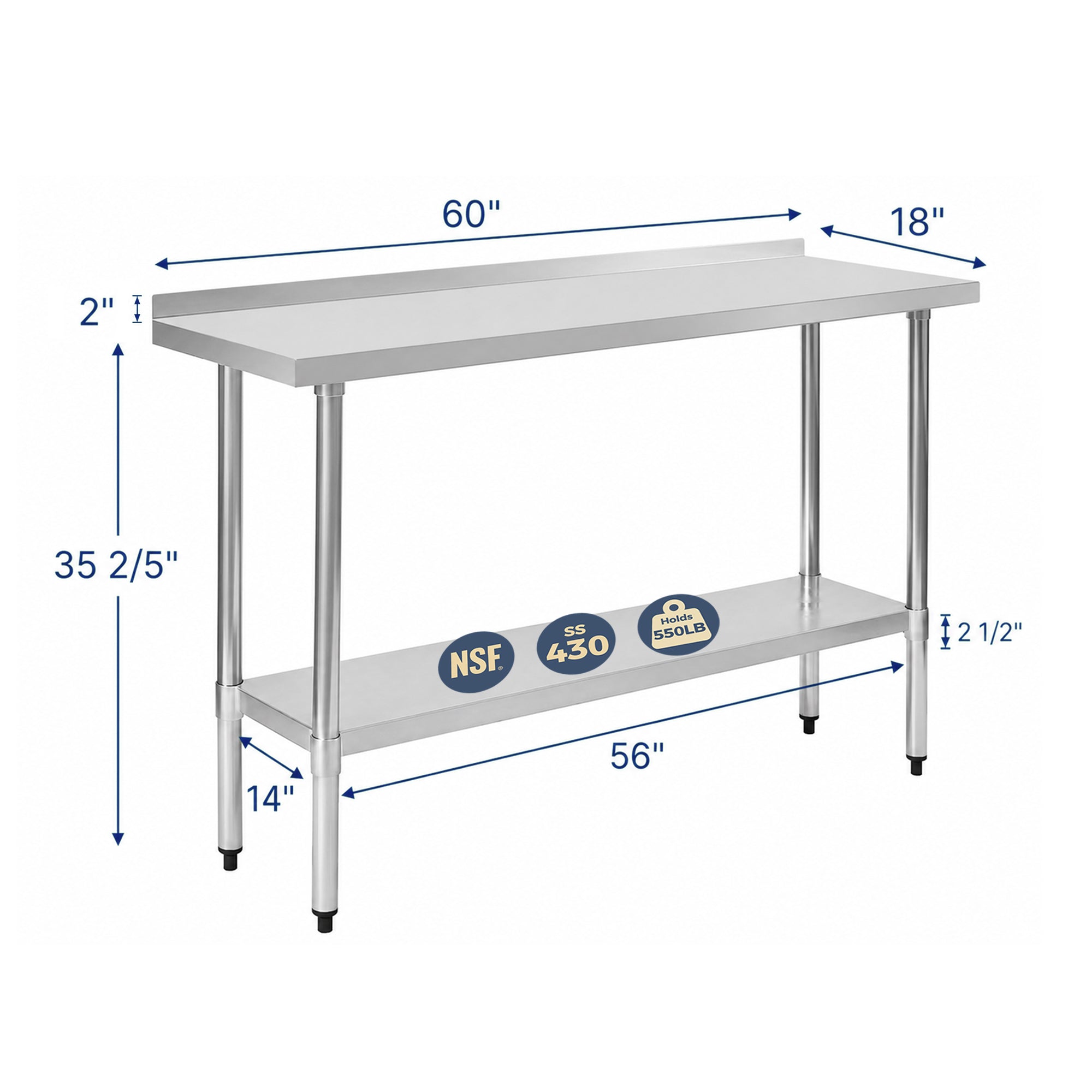 18" x 60" 18-Gauge Stainless Steel Commercial Work Table with 2" Backsplash and Undershelf