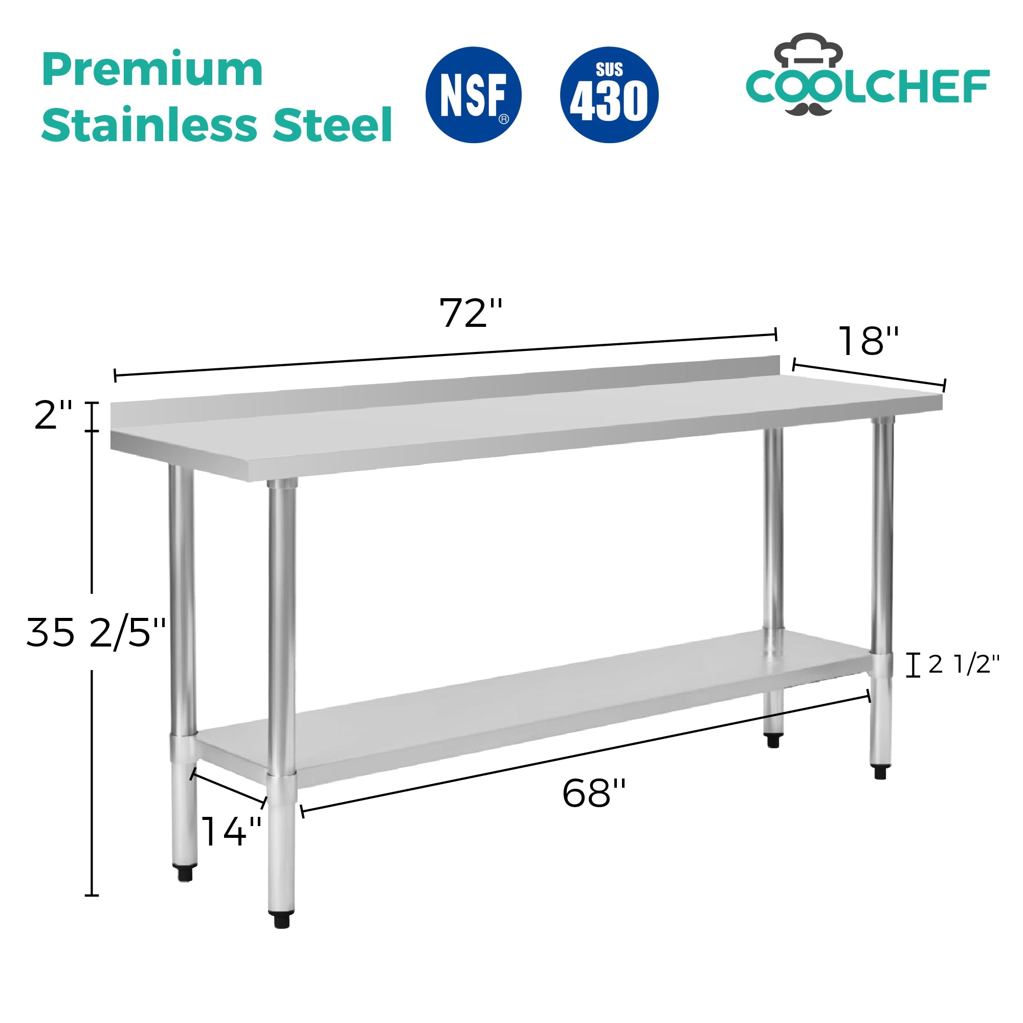 18" x 72" 18-Gauge Stainless Steel Commercial Work Table with 2" Backsplash and Undershelf