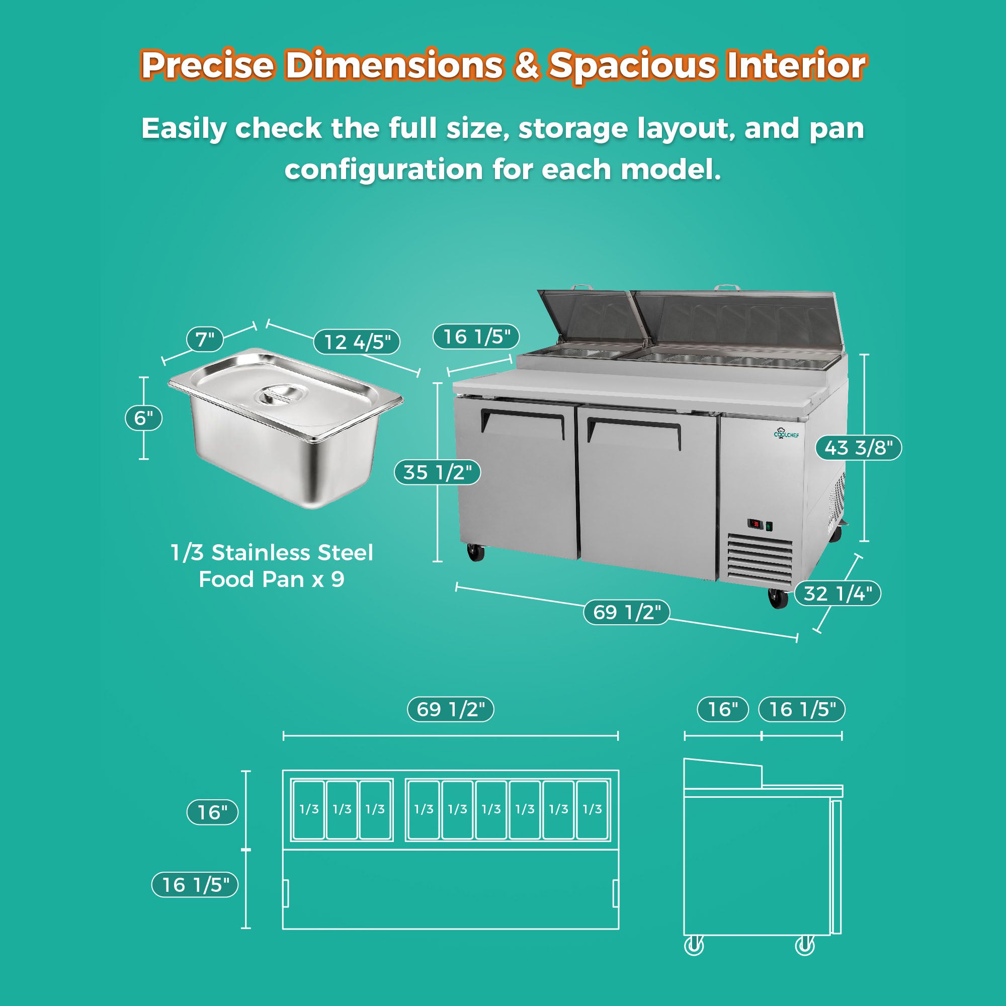 COOLCHEF 69" 2 Door Pizza Prep Refrigerator