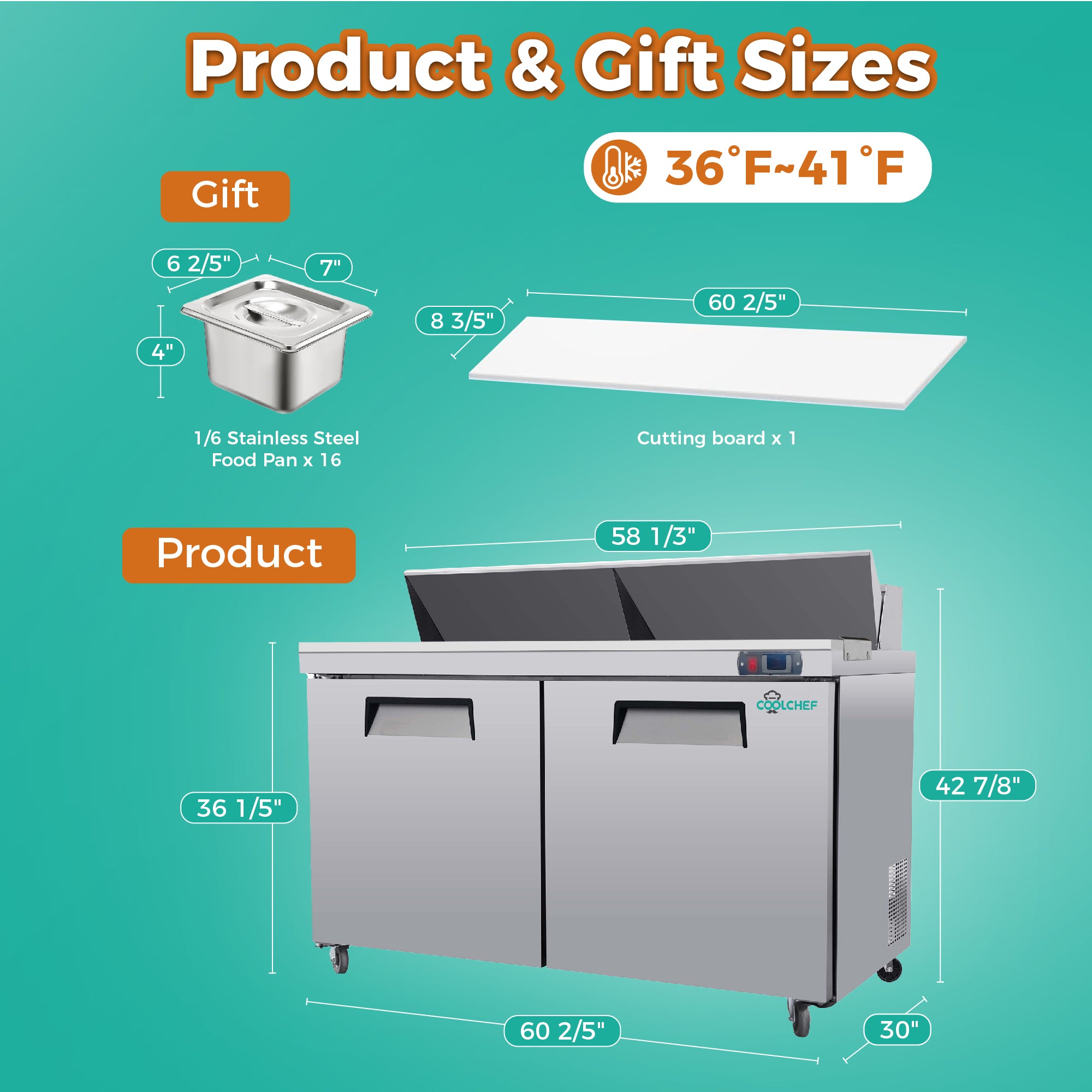 60" Commercial Sandwich Prep Table 16 Pan 33-41°F ETL