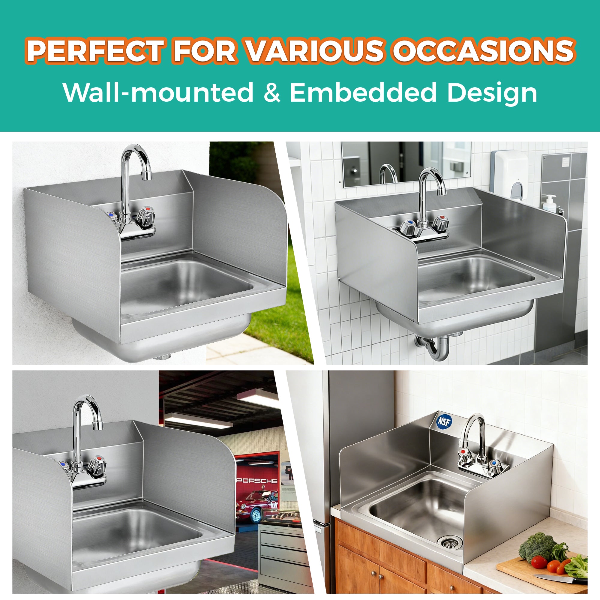 COOLCHEF 17" x 15" Wall-Mounted Hand Sink with Gooseneck Faucet & Side Splash