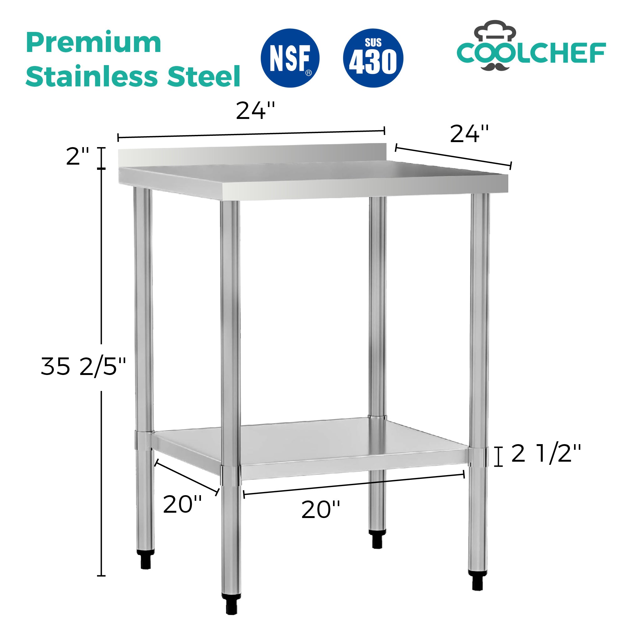 24" x 24" 24-Gauge Stainless Steel Commercial Work Table with 2" Backsplash and Undershelf