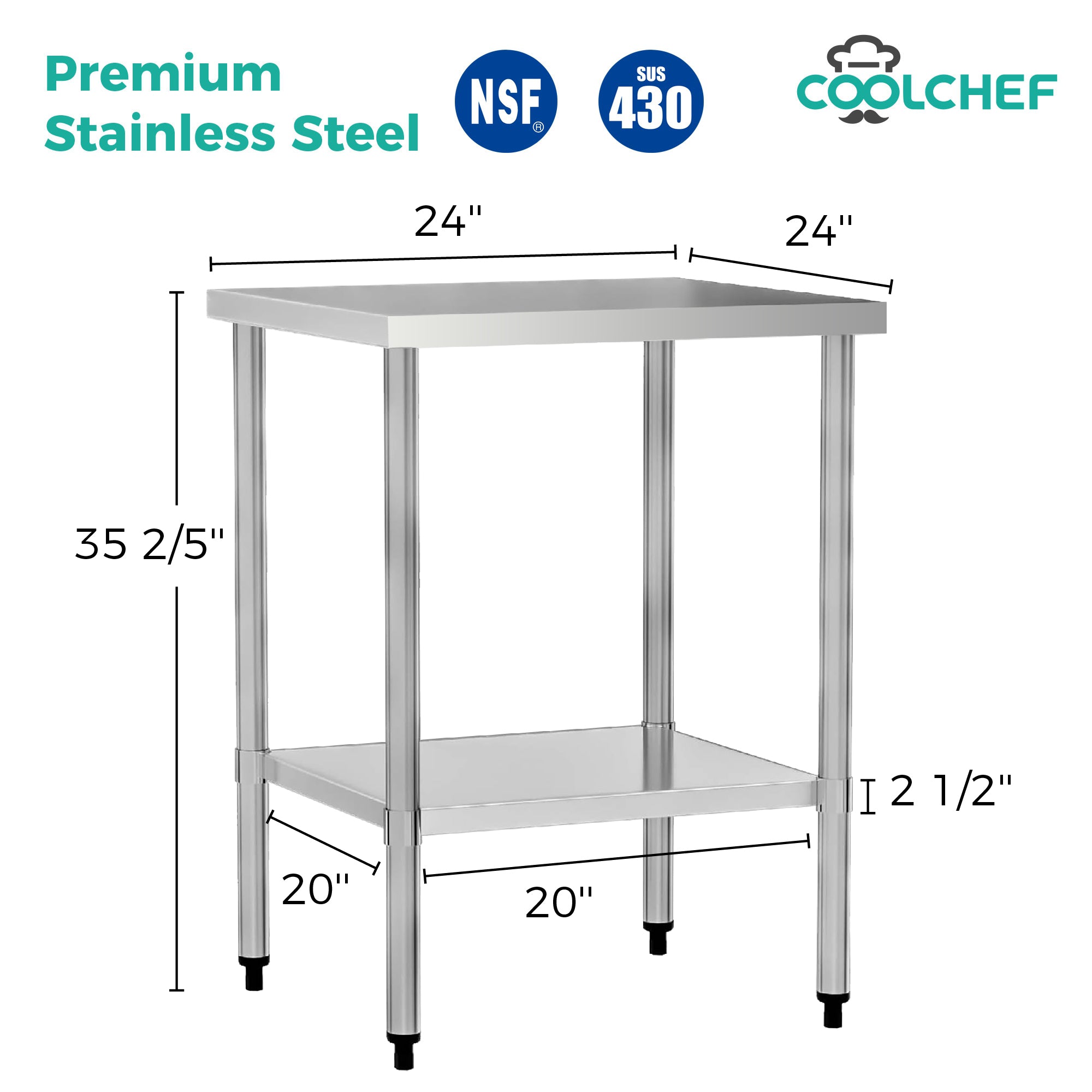 24" x 24" 24-Gauge Stainless Steel Commercial Work Table