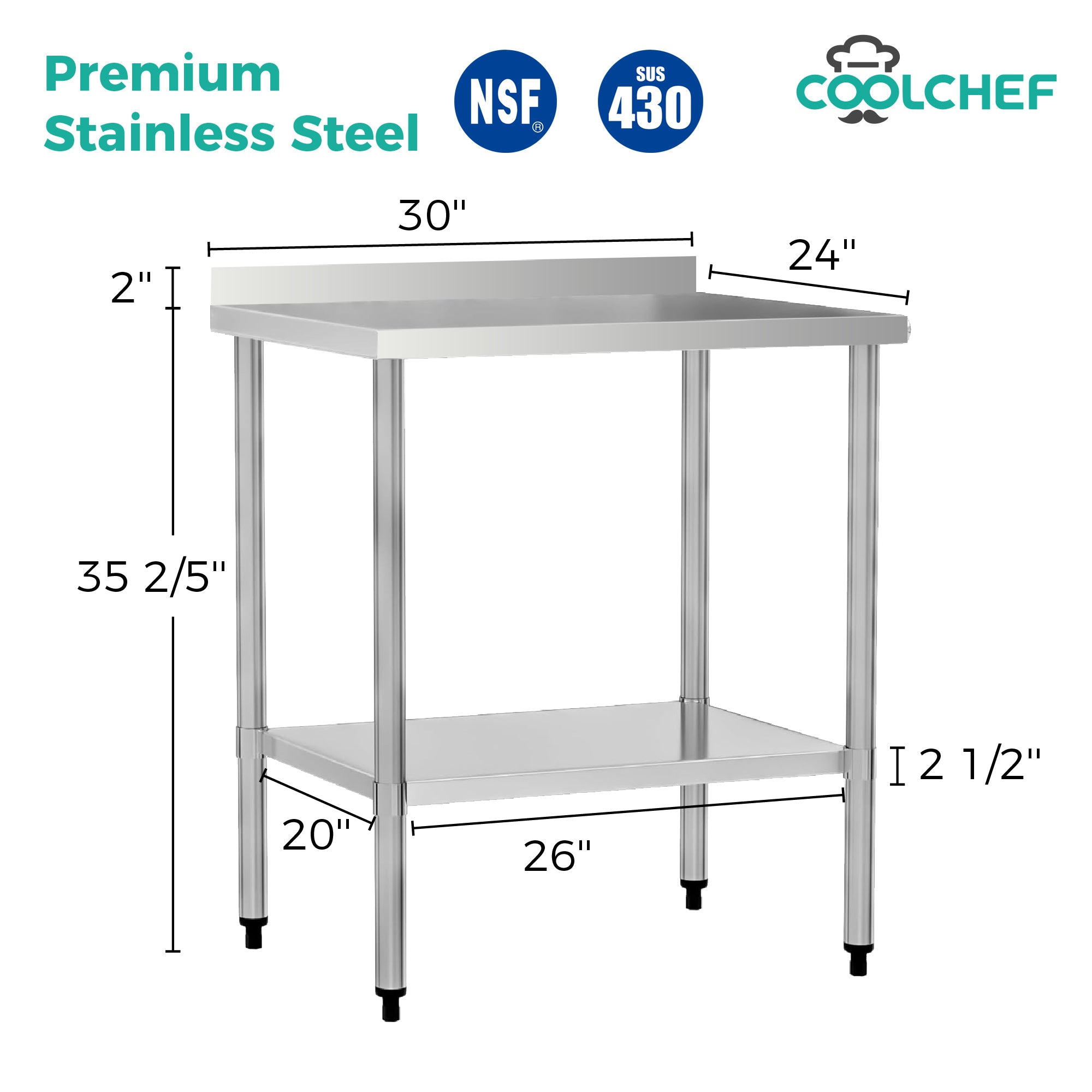 24" x 30" 24-Gauge Stainless Steel Commercial Work Table with 2" Backsplash and Undershelf