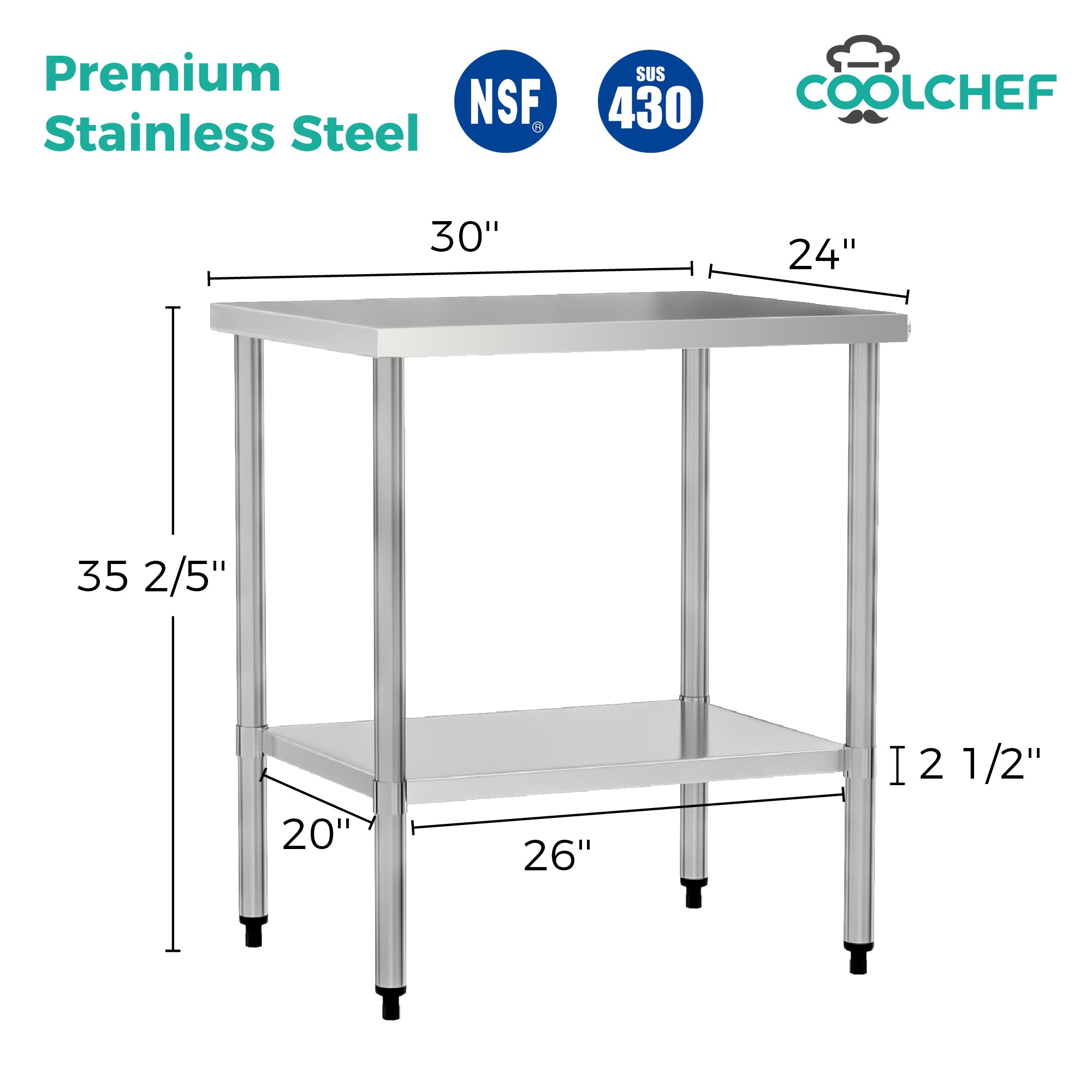 24" x 30" 24-Gauge Stainless Steel Commercial Work Table