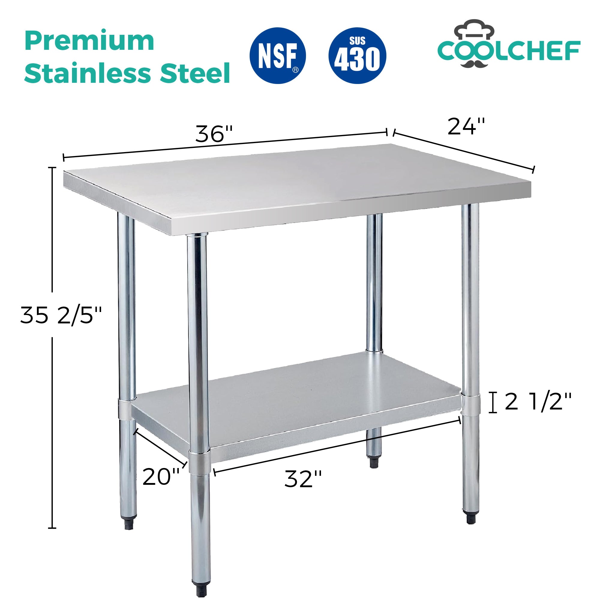 COOLCHEF 24-Gauge Stainless Steel Commercial Work Table