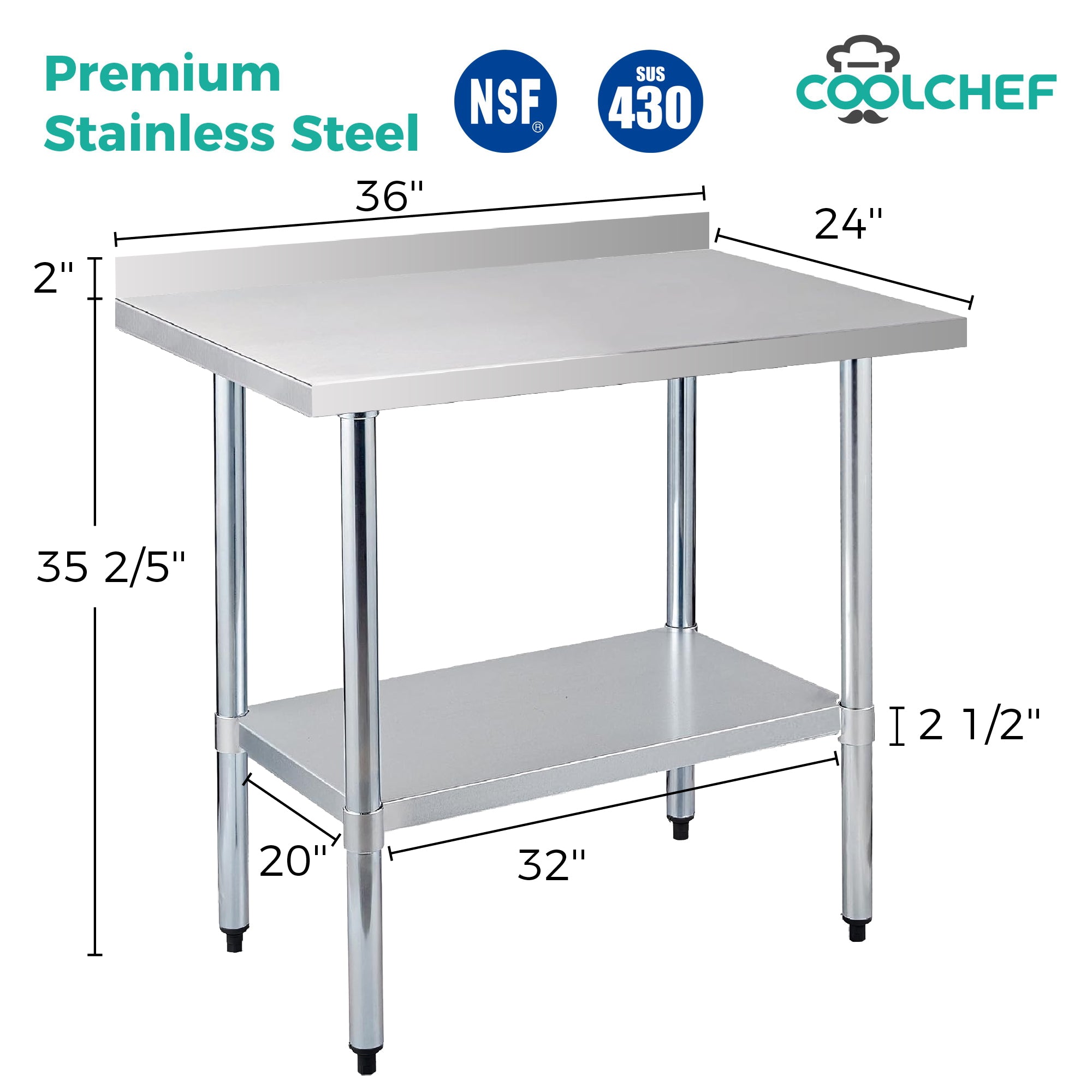 COOLCHEF 24-Gauge Stainless Steel Commercial Work Table with Backsplash