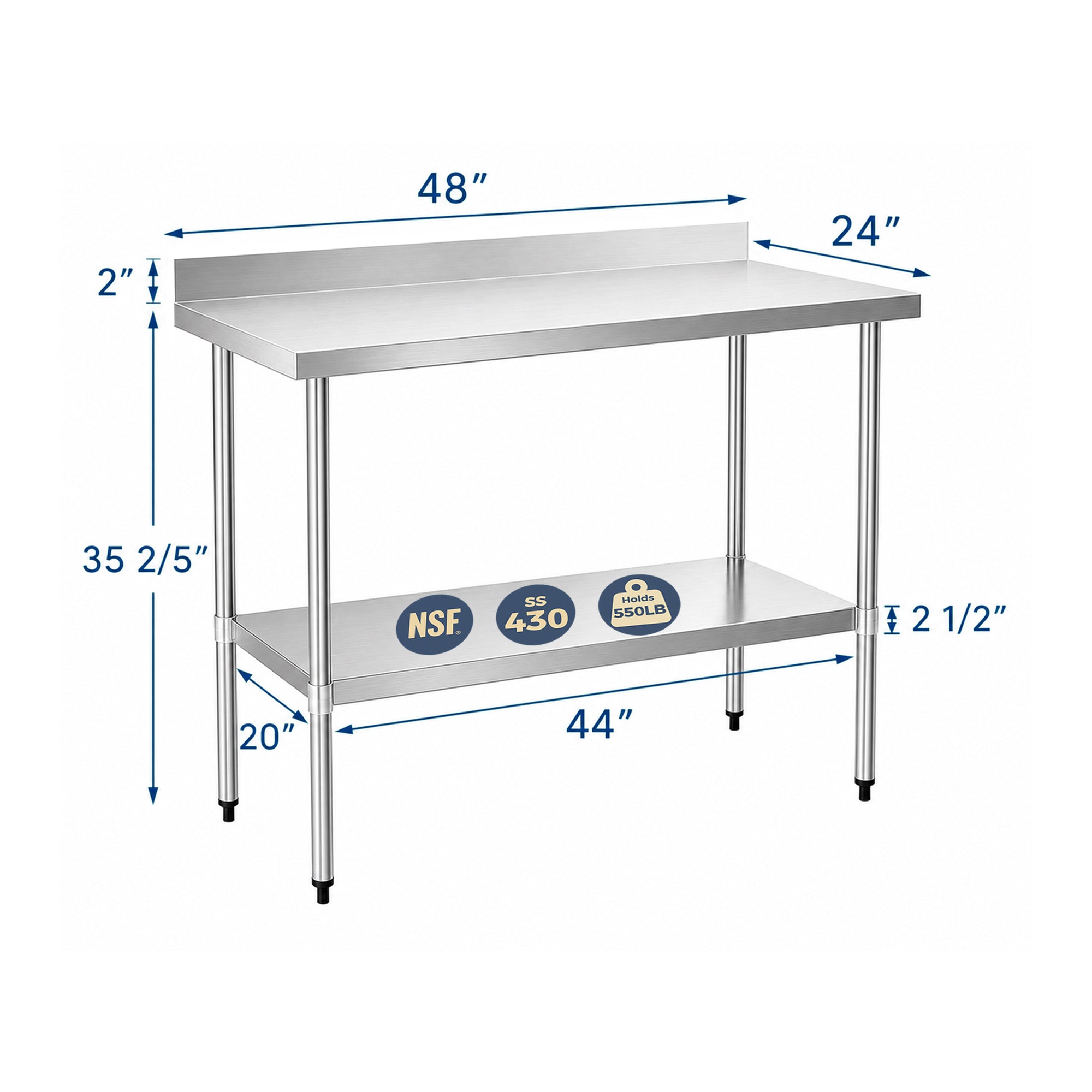 24" x 48" 18-Gauge Stainless Steel Commercial Work Table with 2" Backsplash and Undershelf