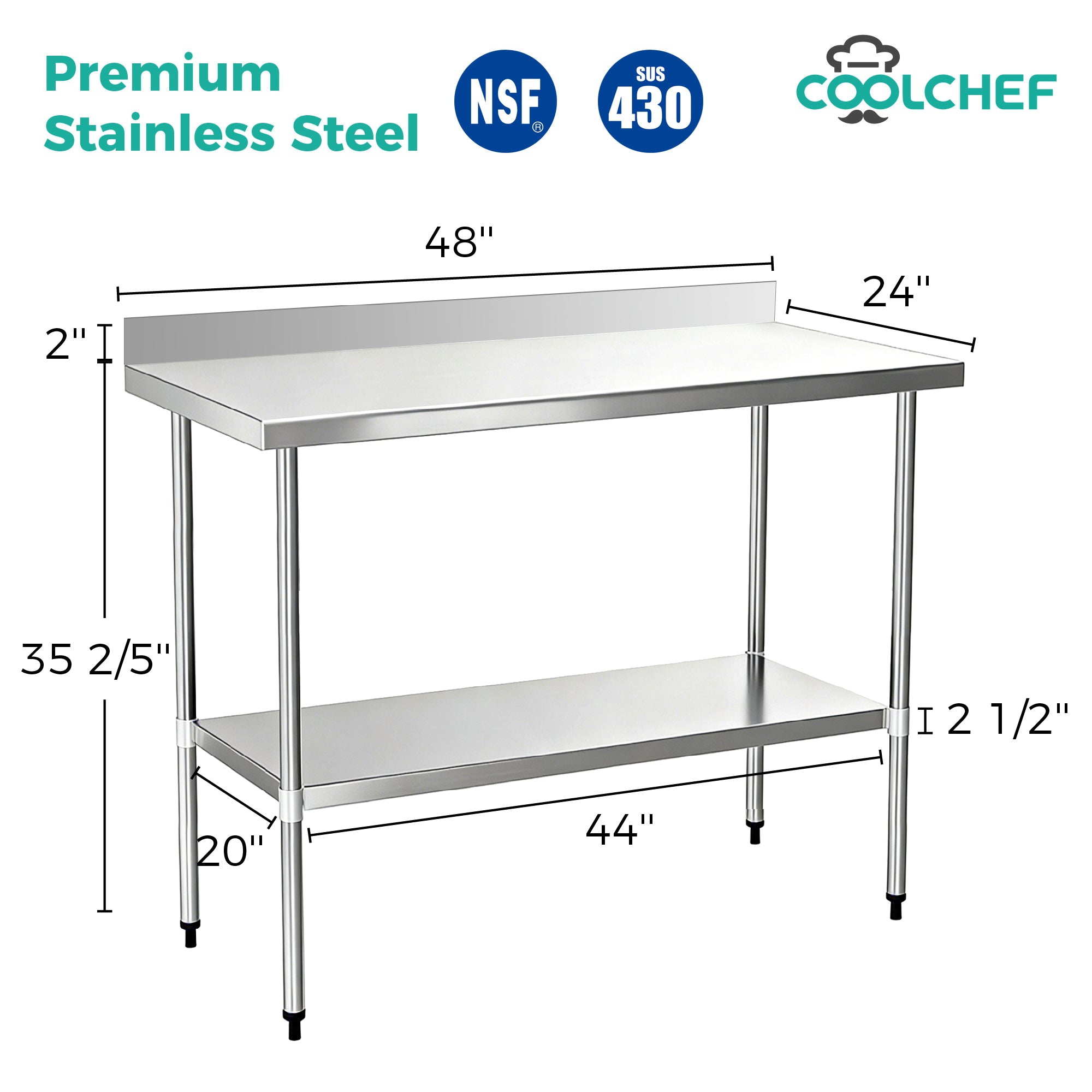 COOLCHEF 24-Gauge Stainless Steel Commercial Work Table with Backsplash
