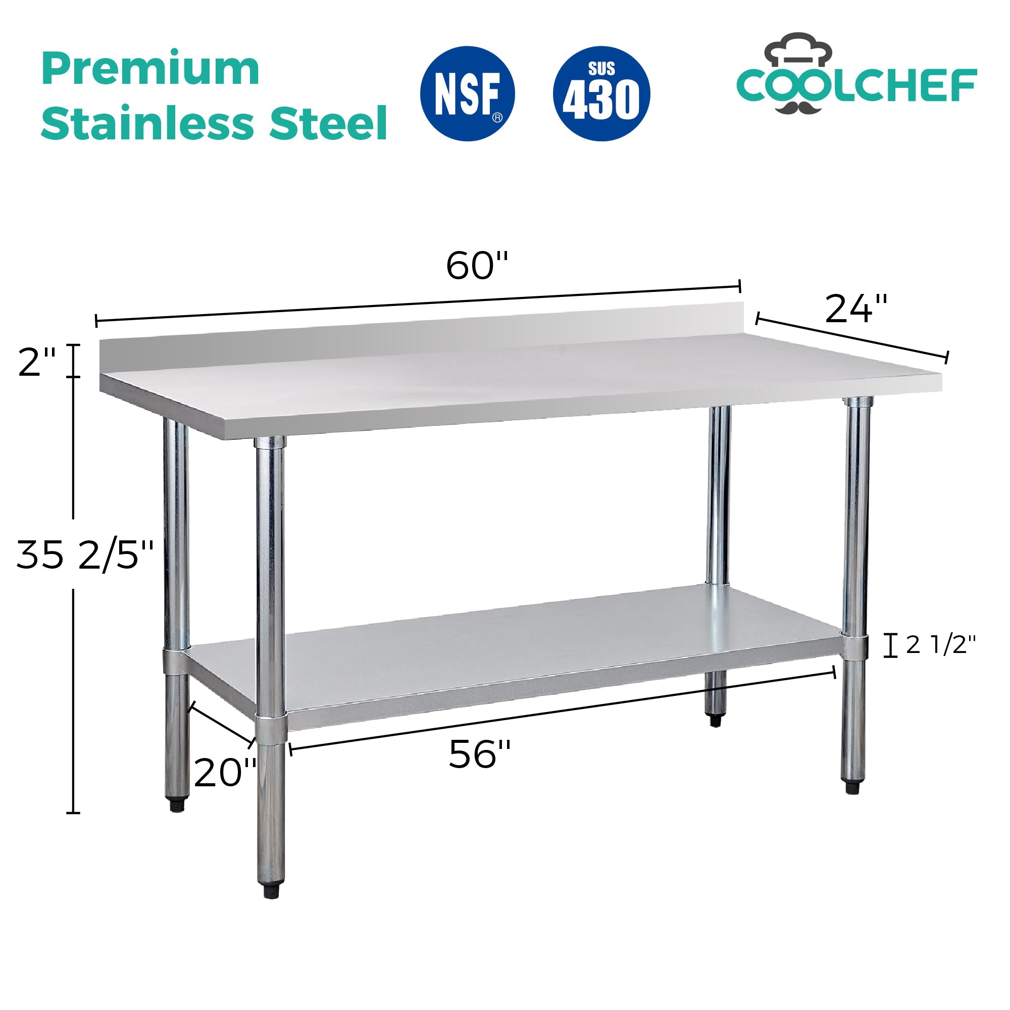 COOLCHEF 24-Gauge Stainless Steel Commercial Work Table with Backsplash