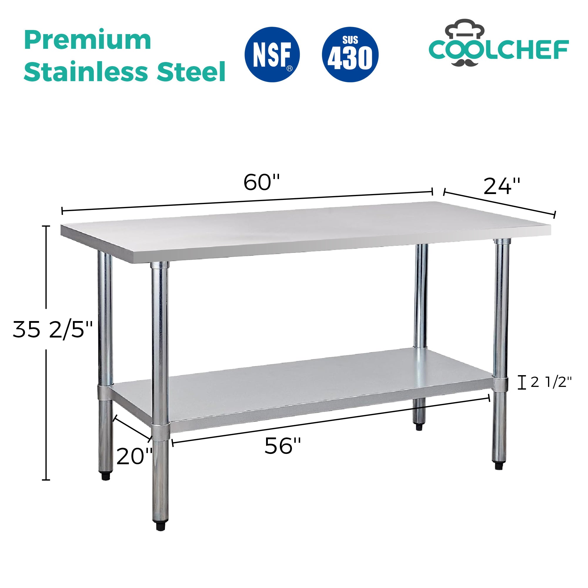 COOLCHEF 24-Gauge Stainless Steel Commercial Work Table
