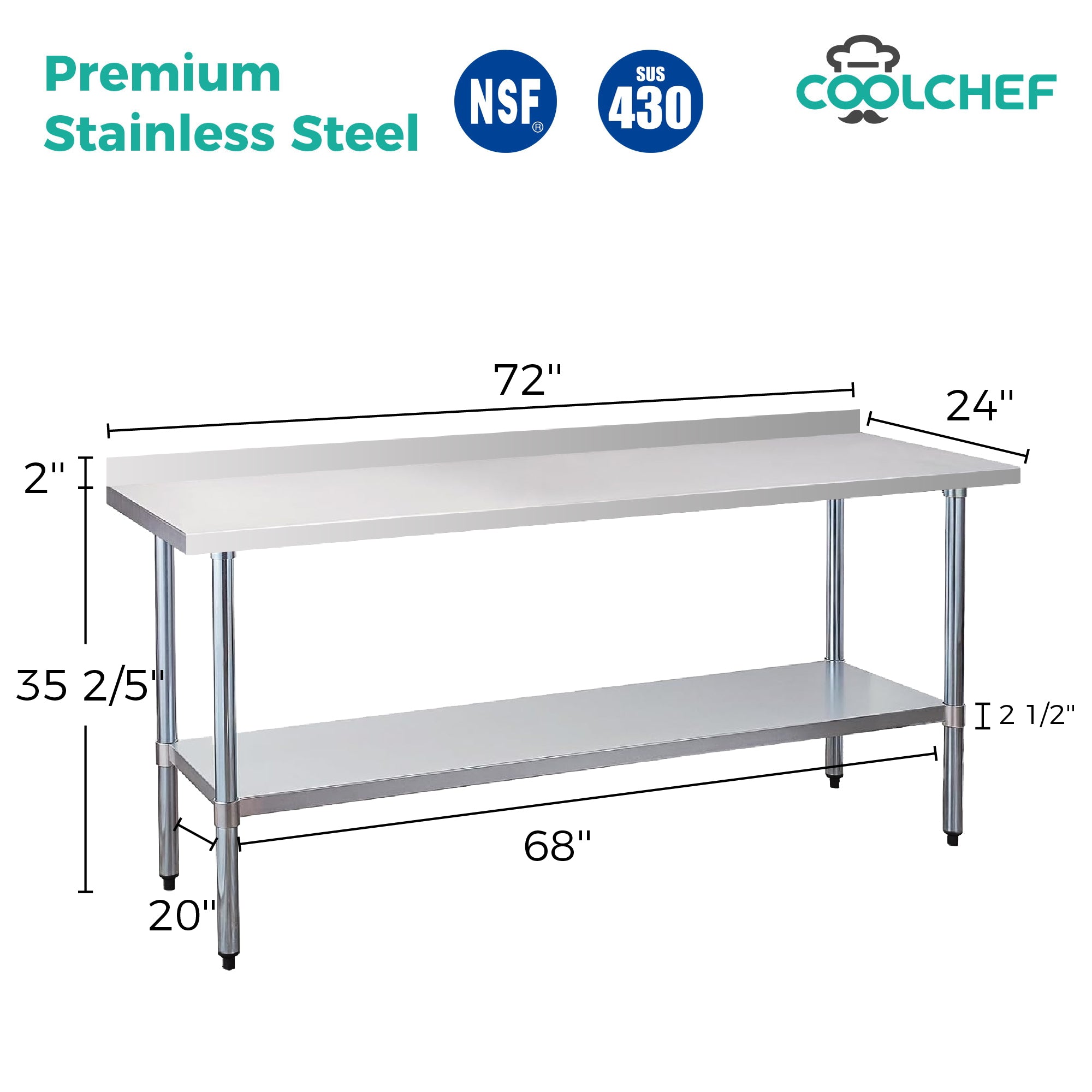 24" x 72" 24-Gauge Stainless Steel Commercial Work Table with 2" Backsplash and Undershelf