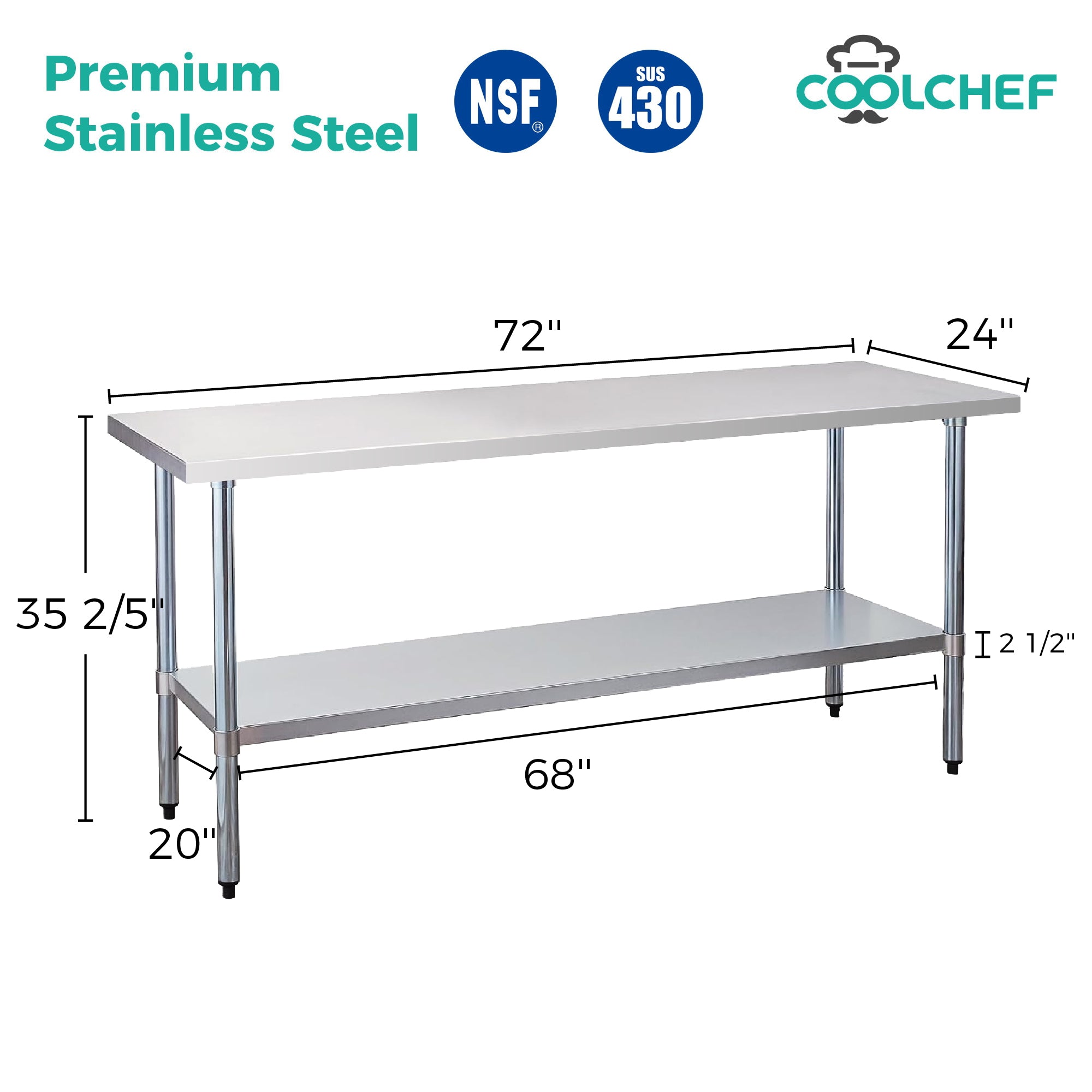 24" x 72" 24-Gauge Stainless Steel Commercial Work Table
