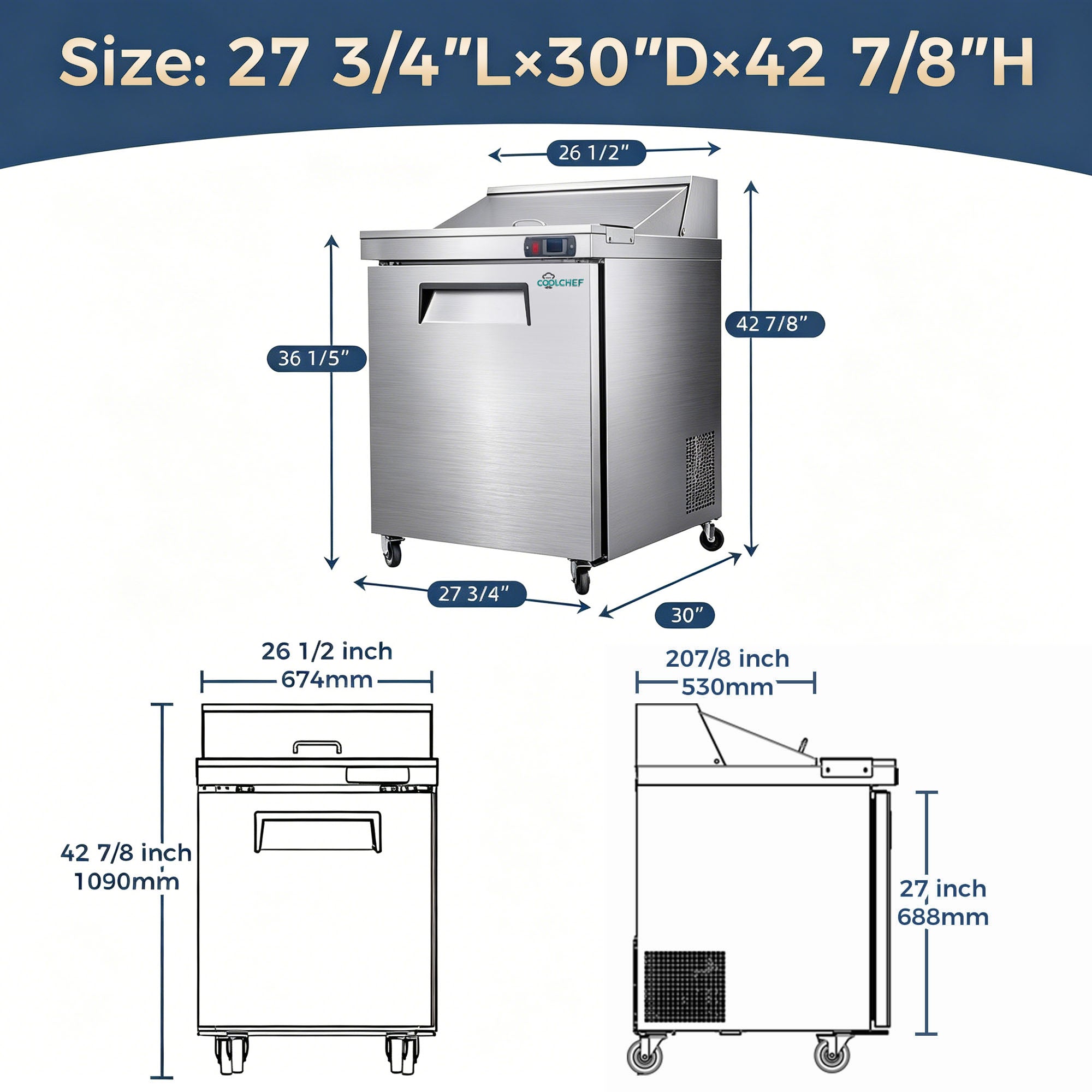 28" Commercial Sandwich Prep Table 8 Pan 33-41°F ETL