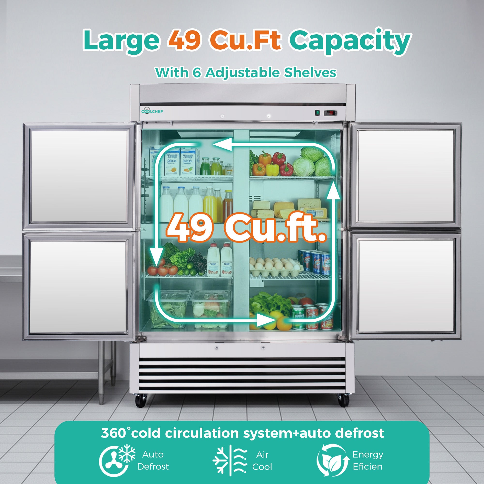 49 Cu Ft 54" Commercial 4 Half Door Reach-In Refrigerator ETL