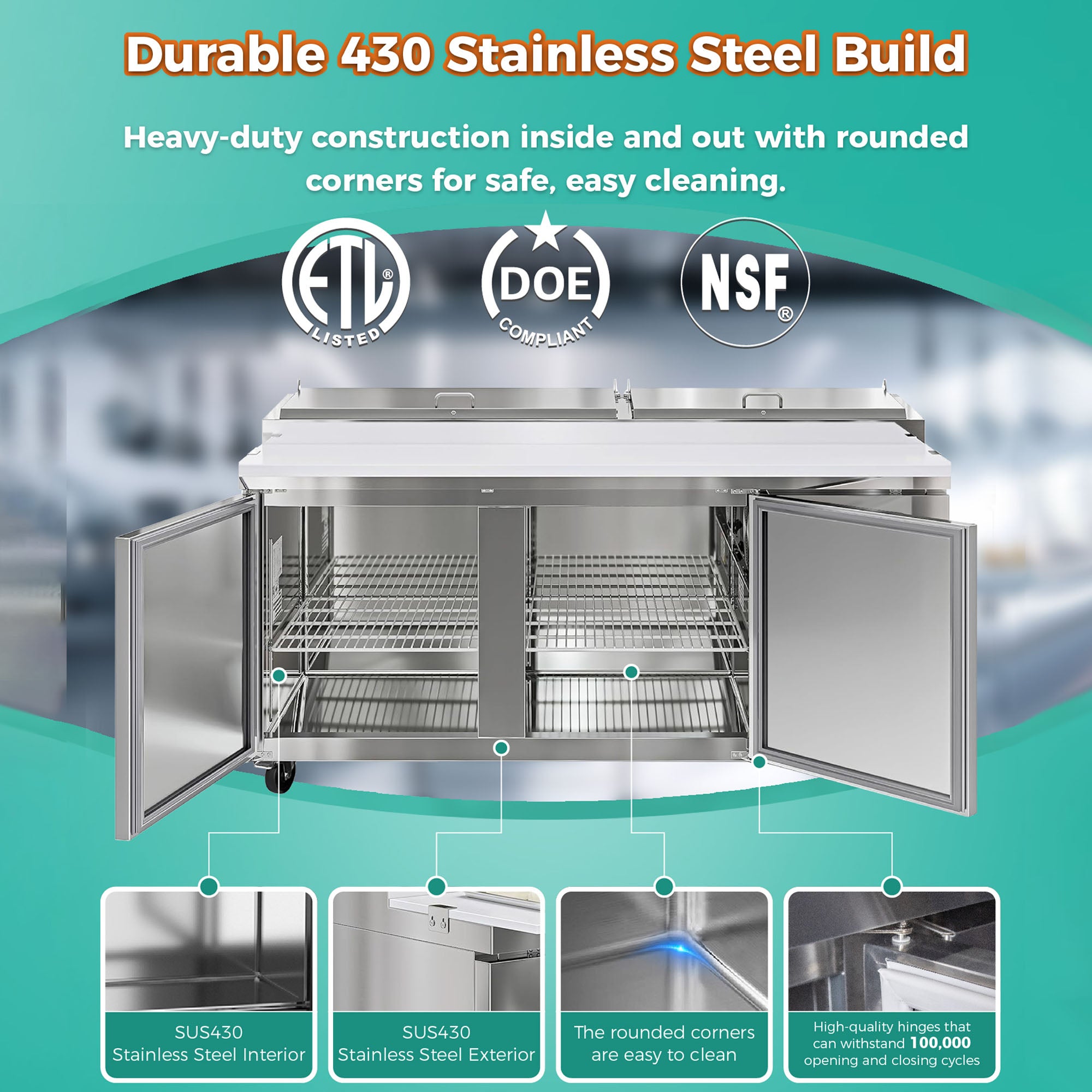 COOLCHEF 69" 2 Door Pizza Prep Refrigerator