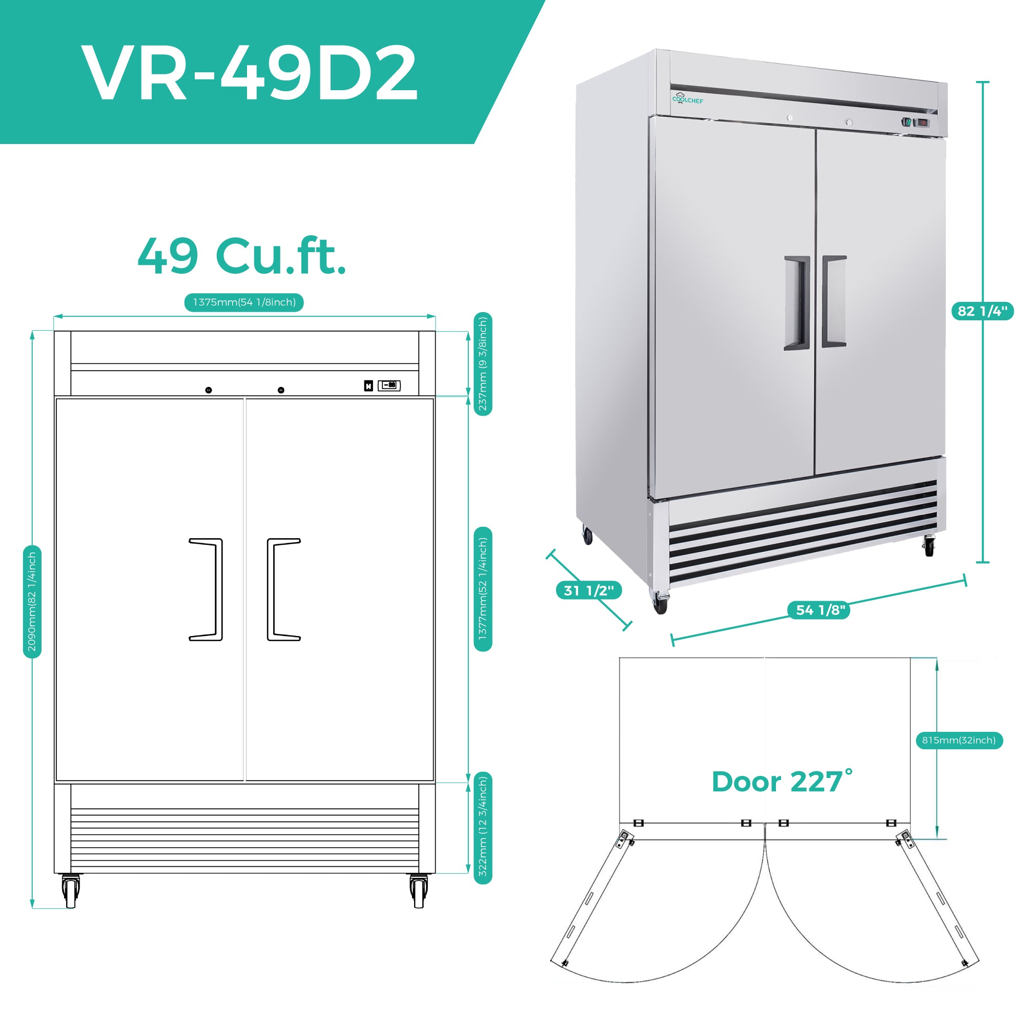 49 Cu Ft 2 Door Commercial Reach In Refrigerator ETL