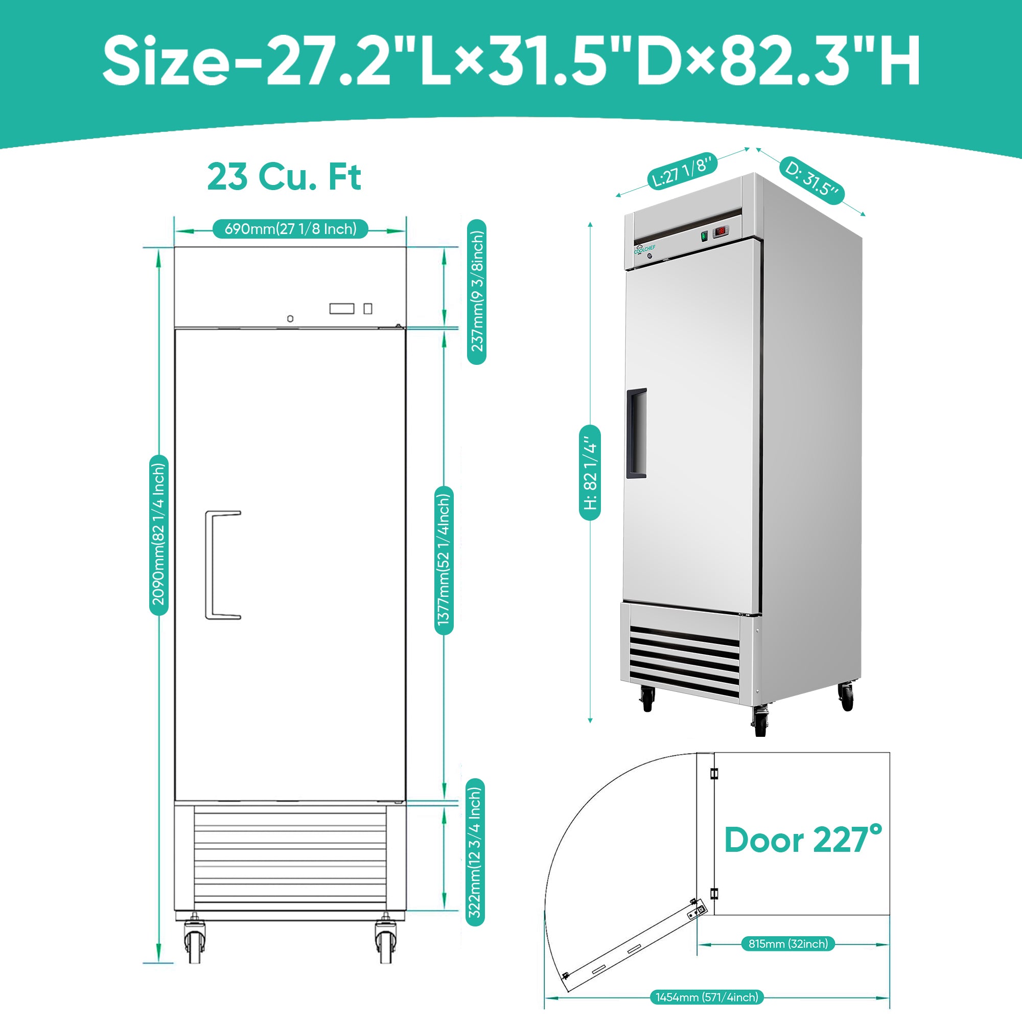 23 Cu Ft 1 Door Commercial Reach In Refrigerator ETL