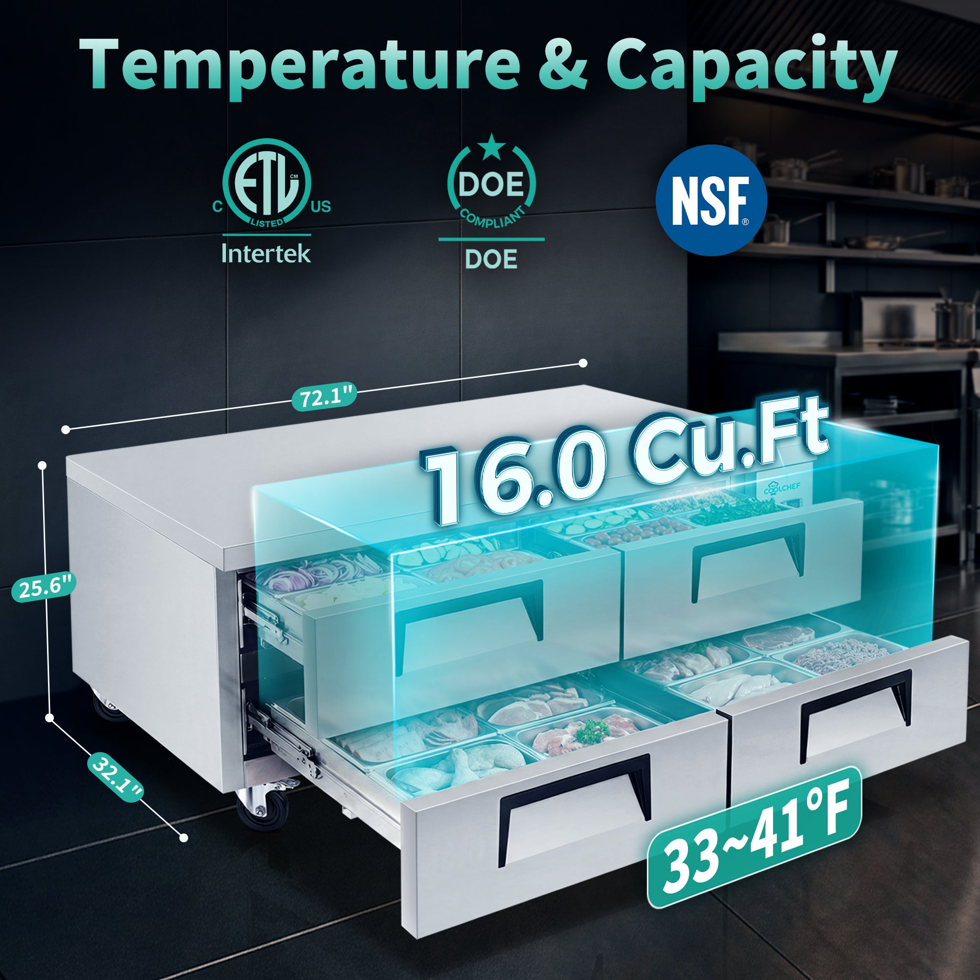 72" 4 Drawer Commercial Chef Base Refrigerator ETL