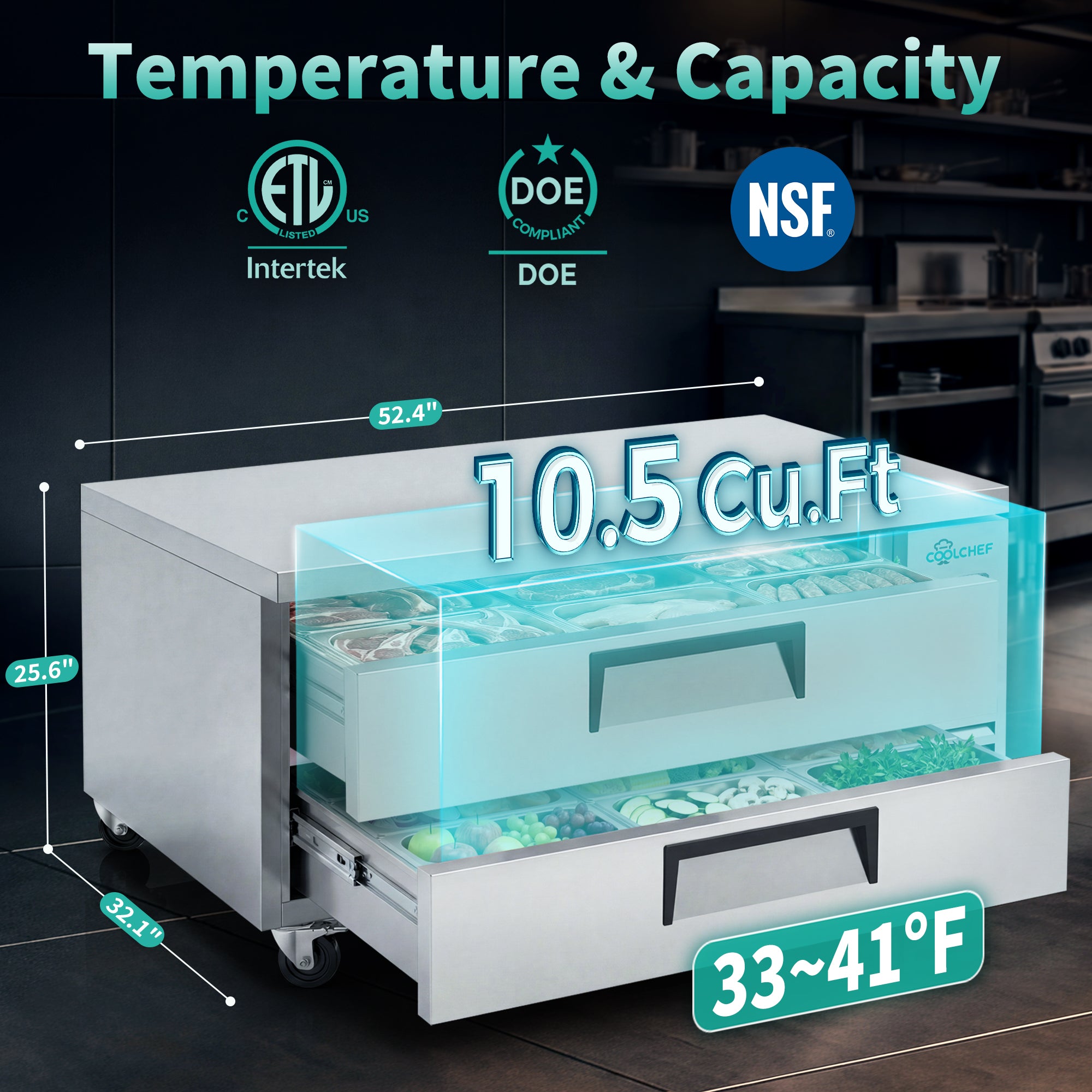 52" 2 Drawer Commercial Chef Base Refrigerator ETL