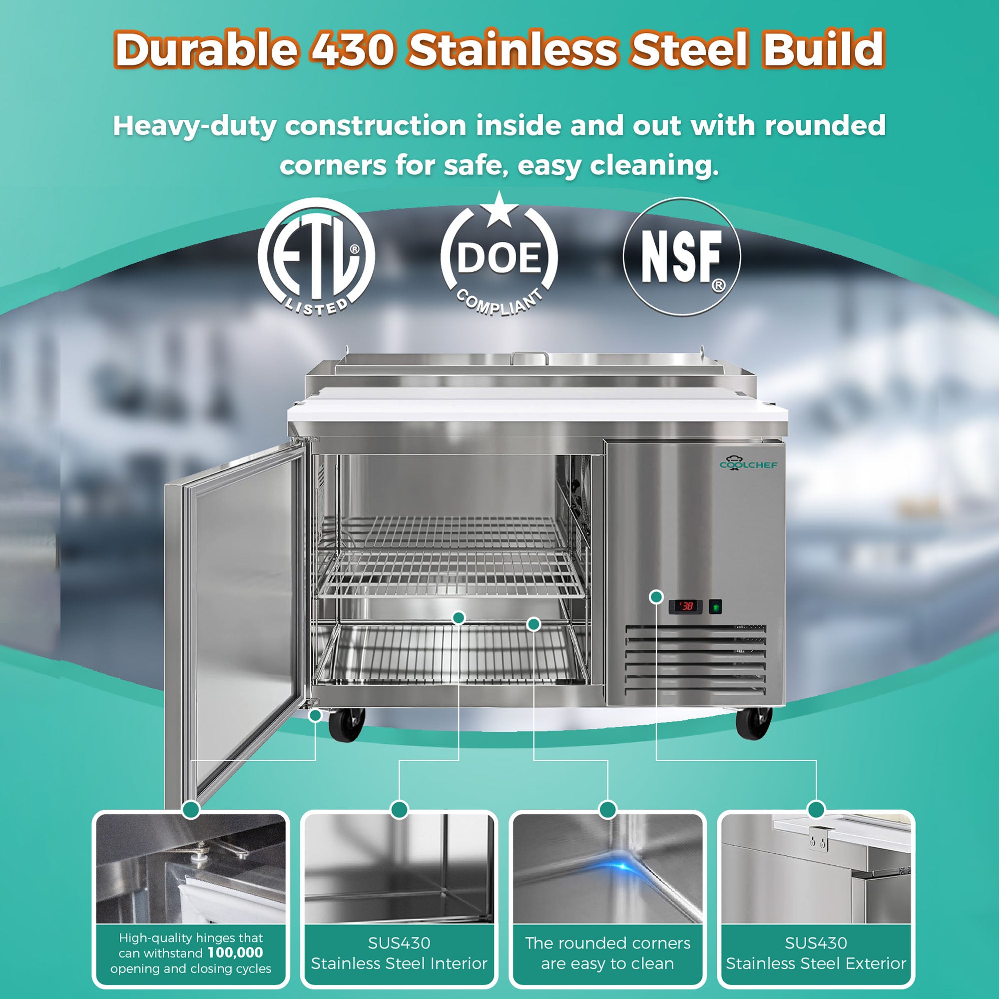 COOLCHEF 48" Pizza Prep Table Refrigerator